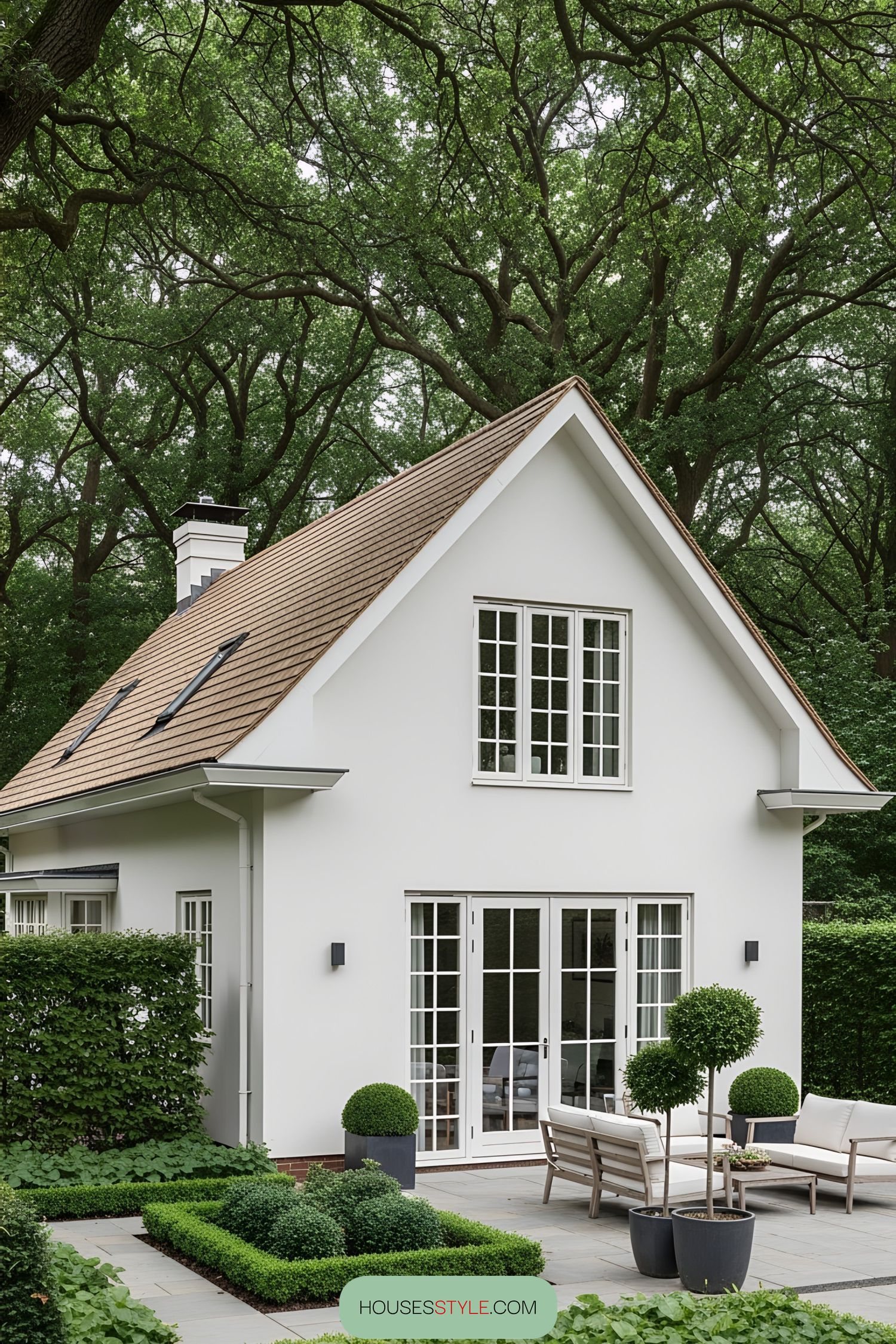 Compact white bungalow with lush greenery