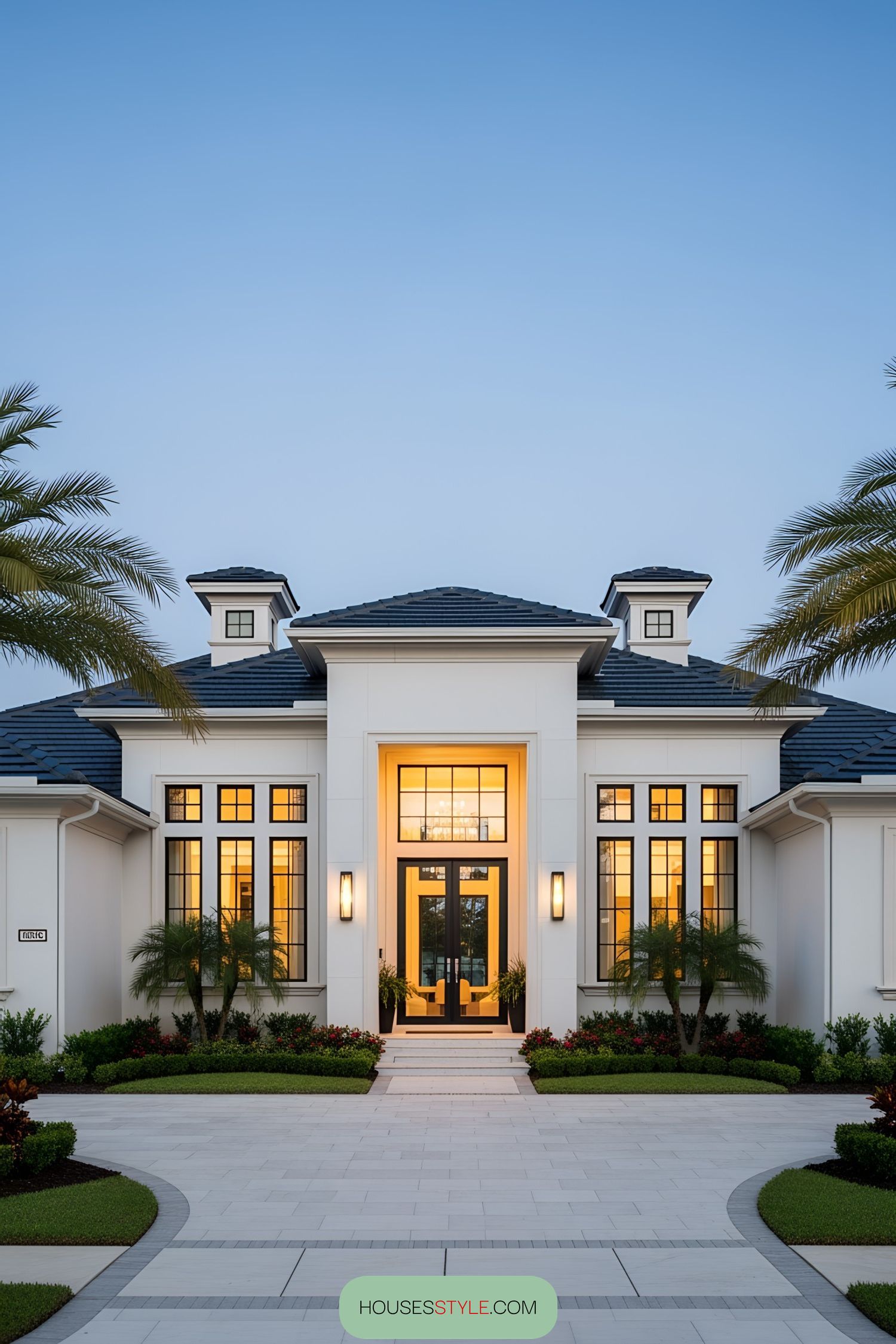 Modern home with glowing windows in evening light