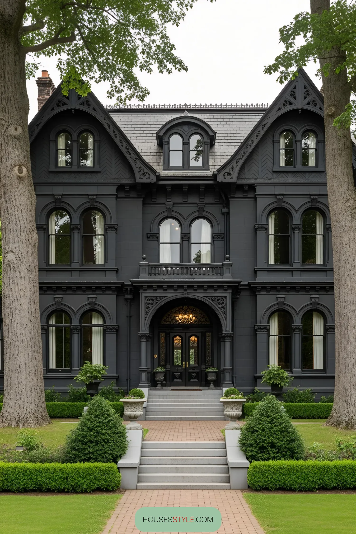 Elegant Victorian mansion painted black with lush greenery