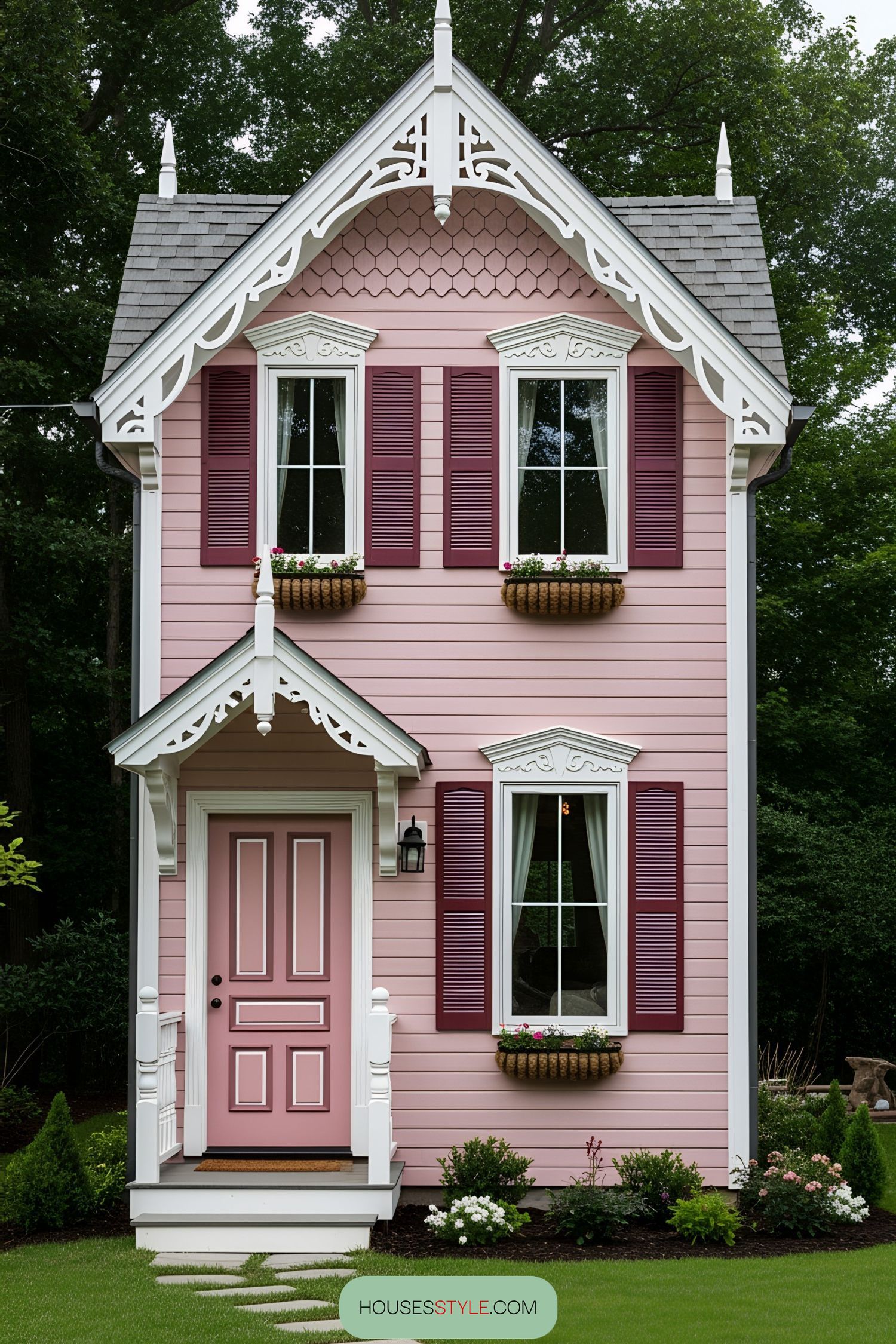 Quaint pink Victorian tiny house with ornate details
