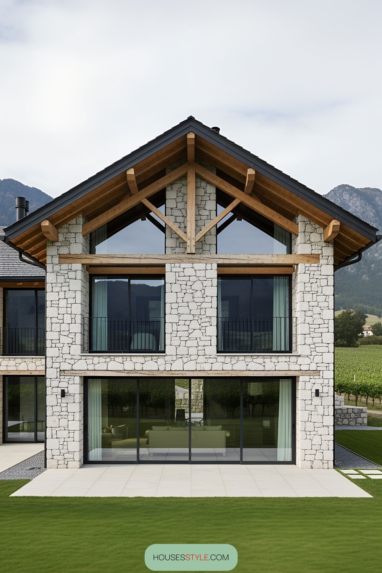 Stone and wood house with large windows against mountain backdrop