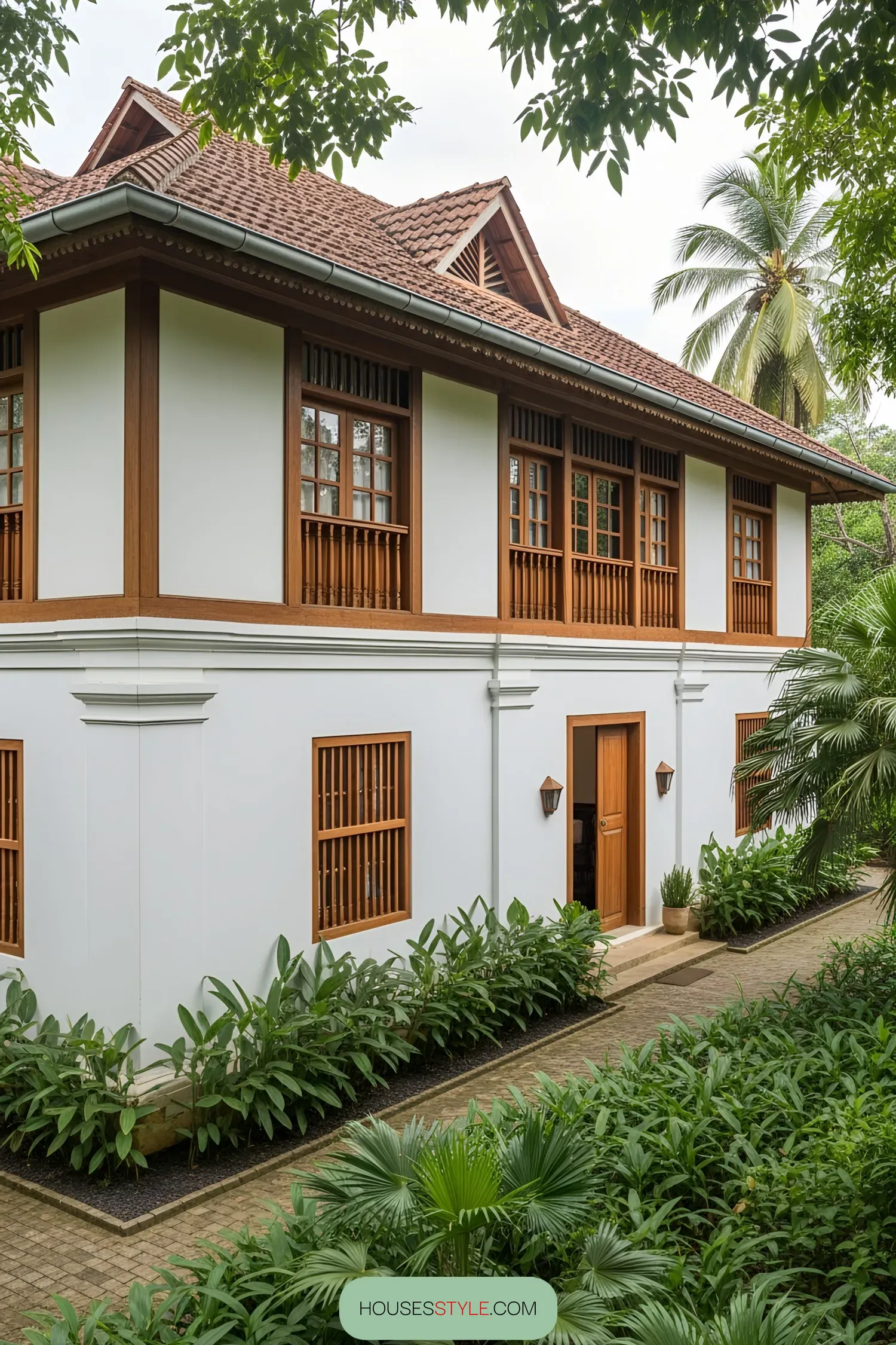 Two-story colonial house surrounded by lush greenery and palm trees