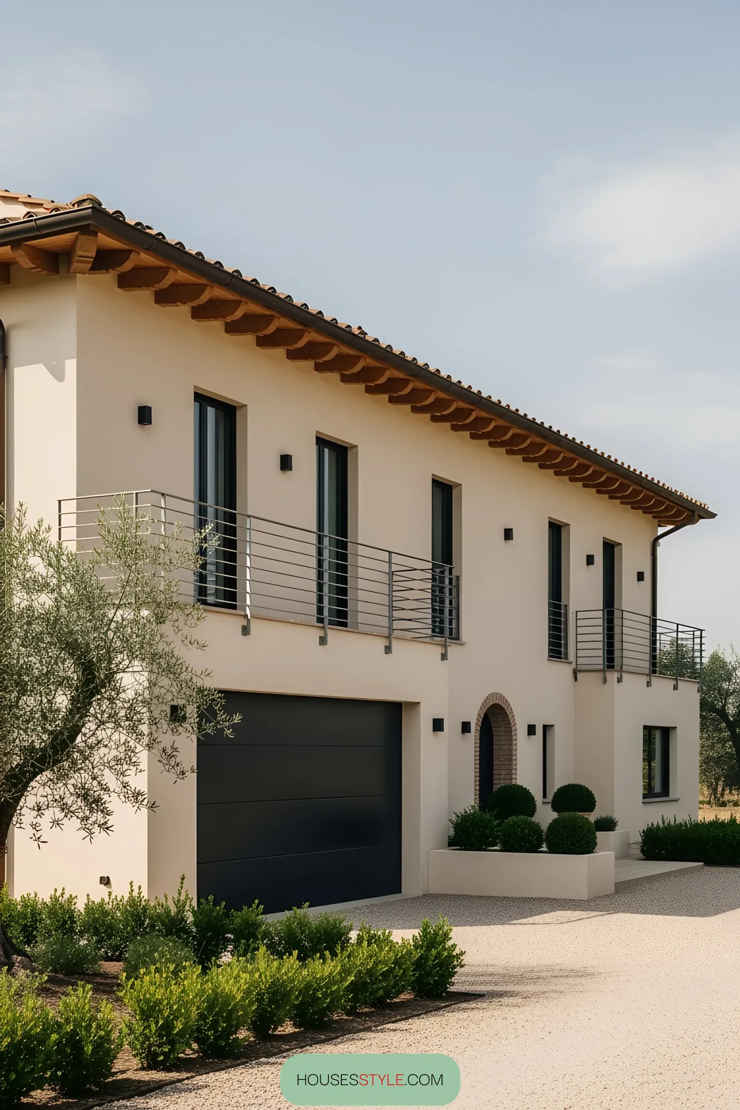 Contemporary Tuscan villa exterior with olive tree