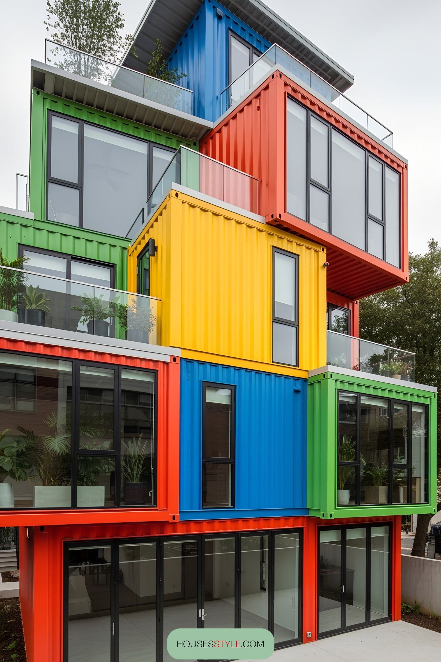 Multicolored stacked containers with glass windows