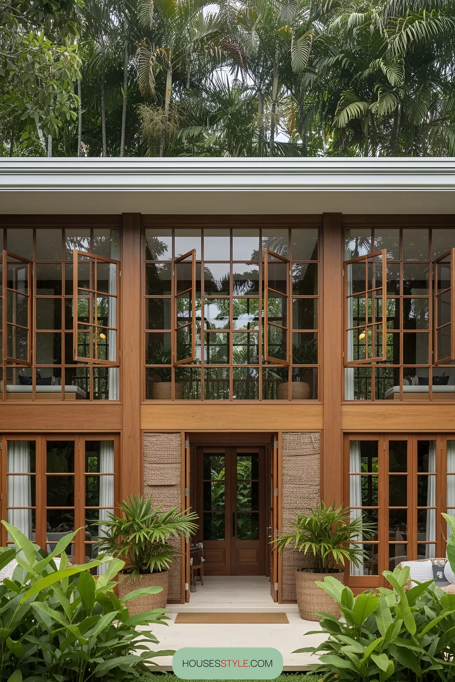 Colonial house with large windows and lush greenery