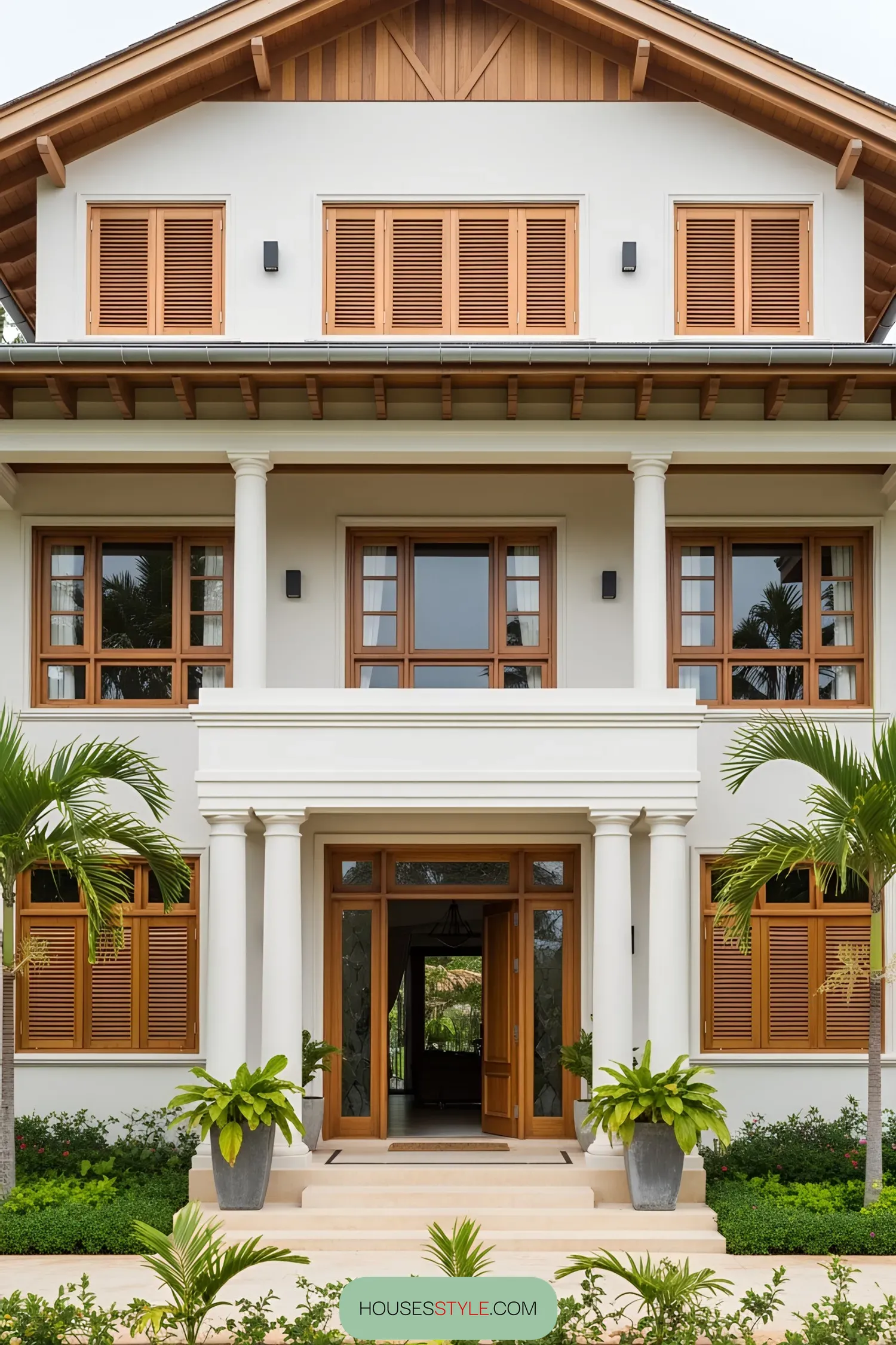 Classic colonial house with tropical landscaping