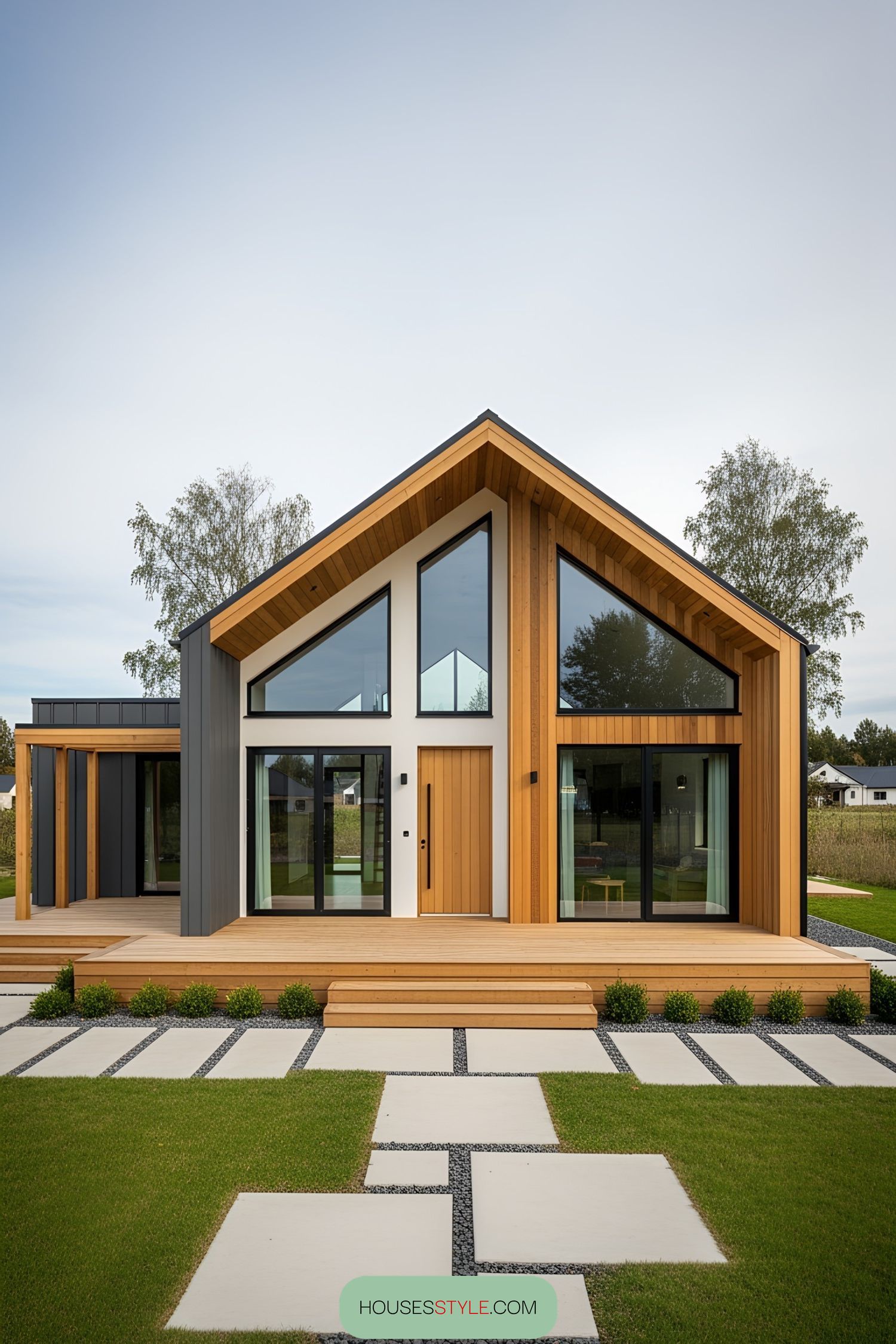 Contemporary wooden bungalow with large glass windows