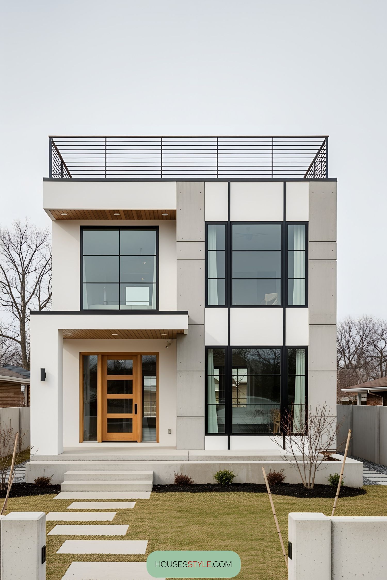 Modern bungalow with rooftop deck and large windows