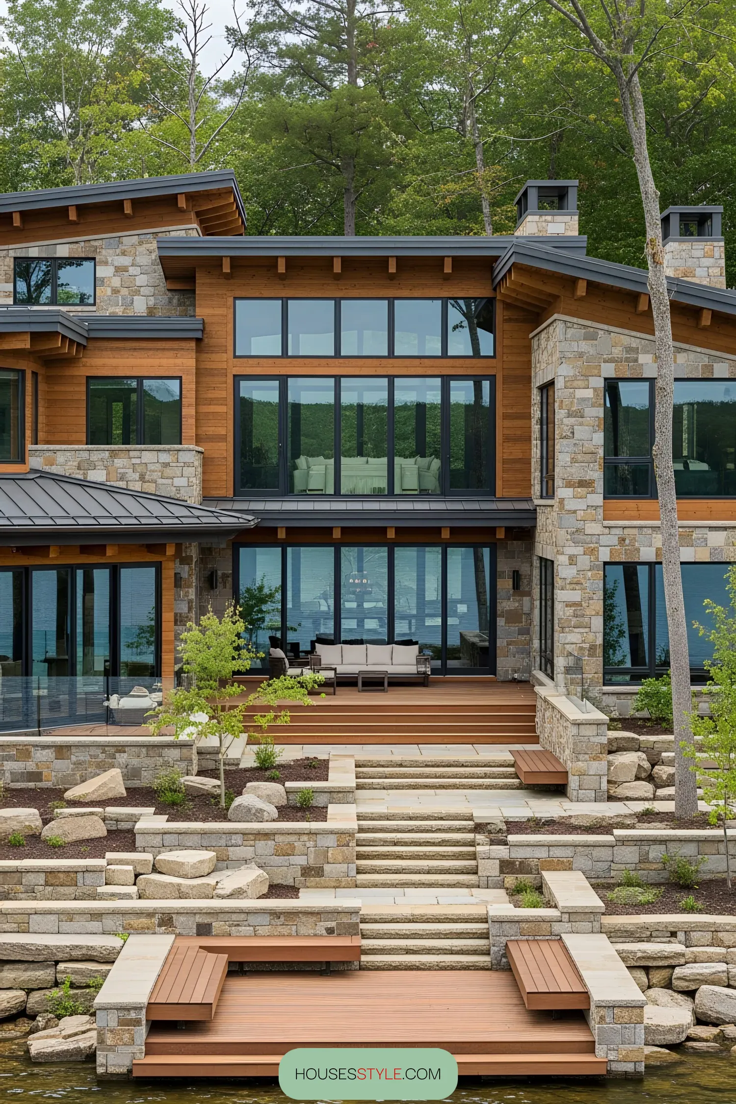 Luxury home with large windows and natural stone accents