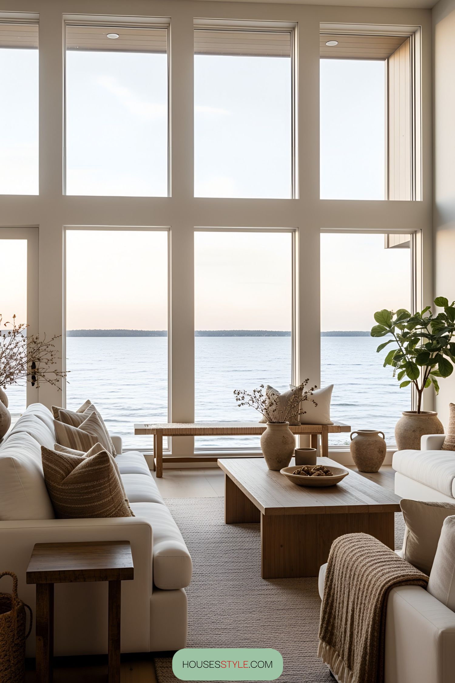 Bright room with large windows facing the lake