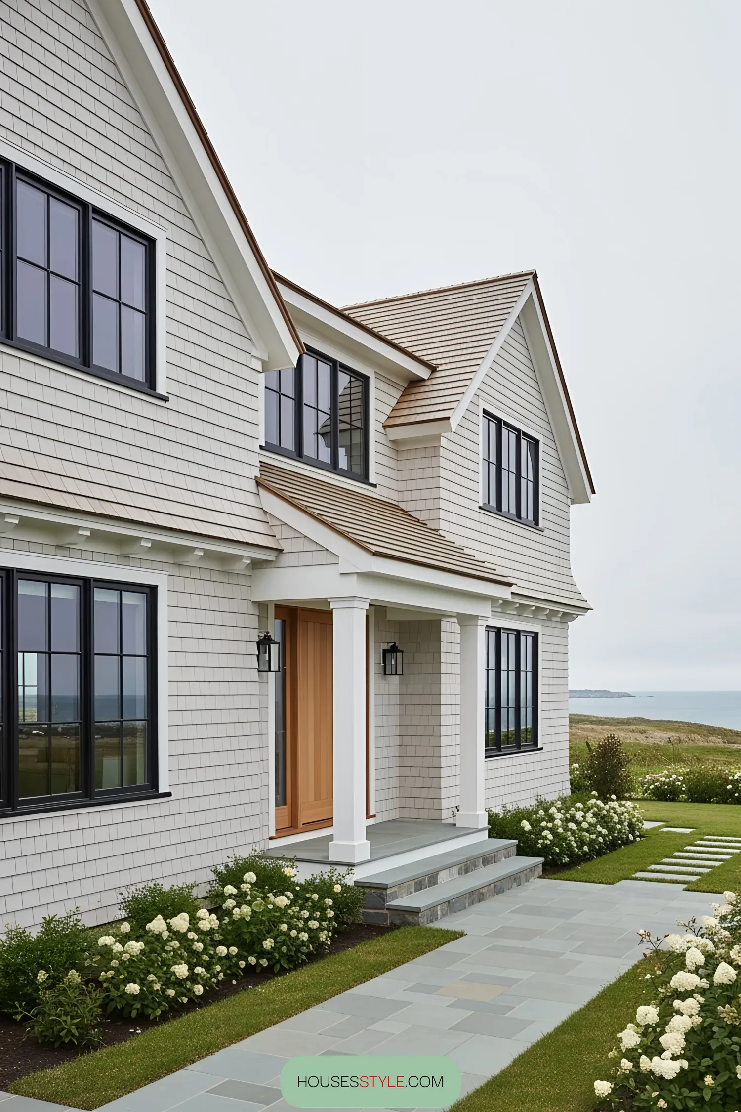 Coastal house with light gray siding and a wooden front door