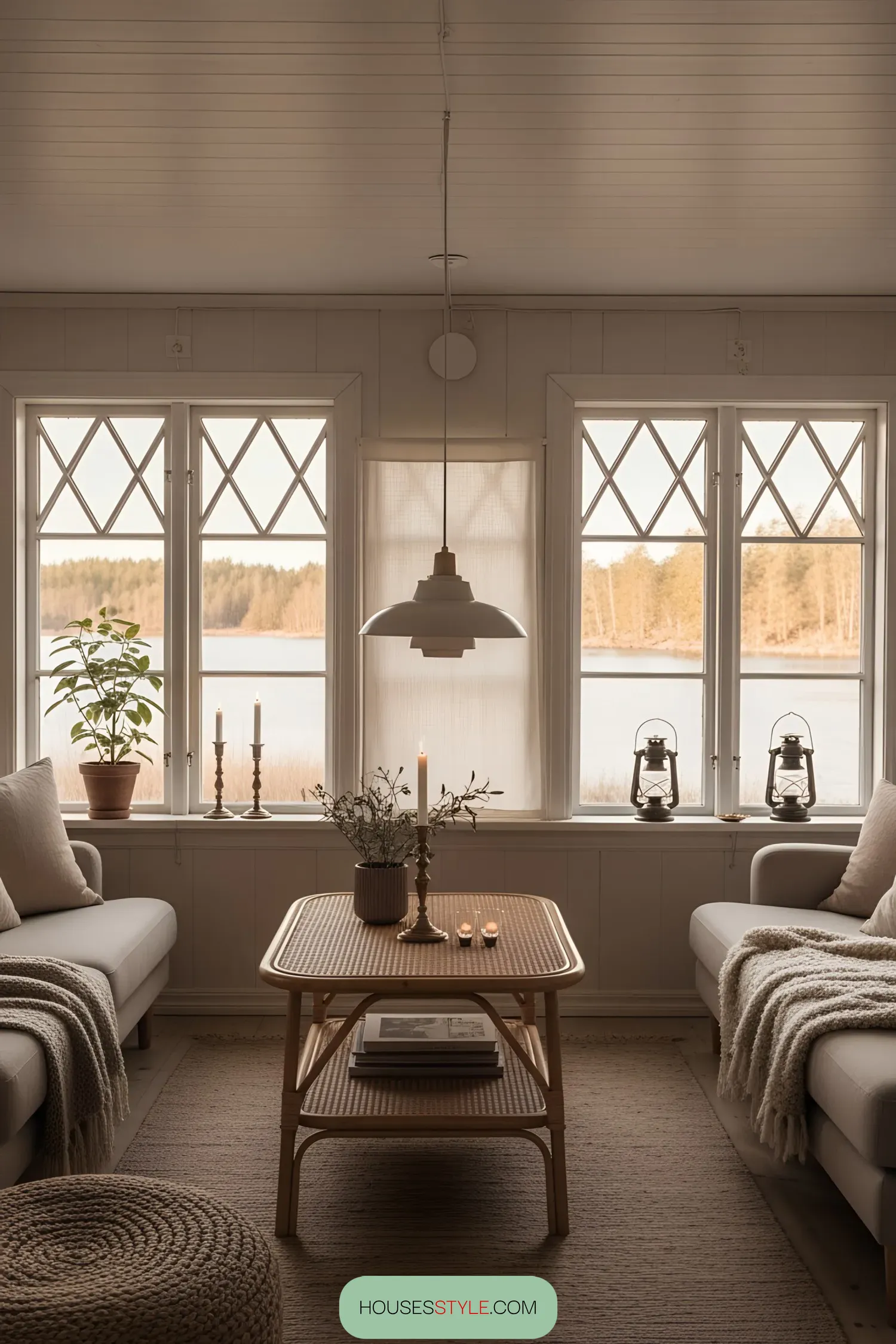 Cozy living room with large windows and soft furnishings