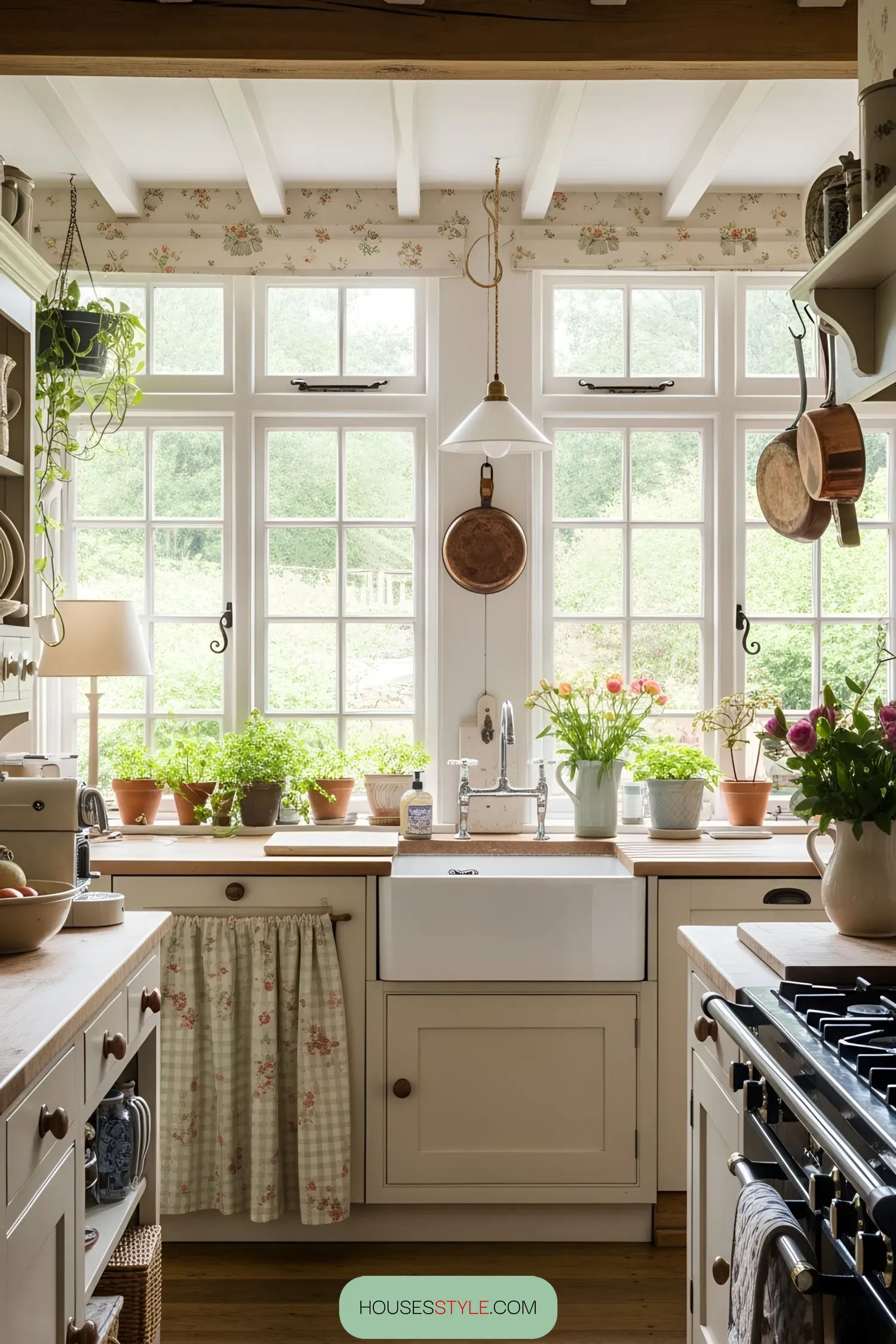 Cozy kitchen nook with potted plants and wooden accents