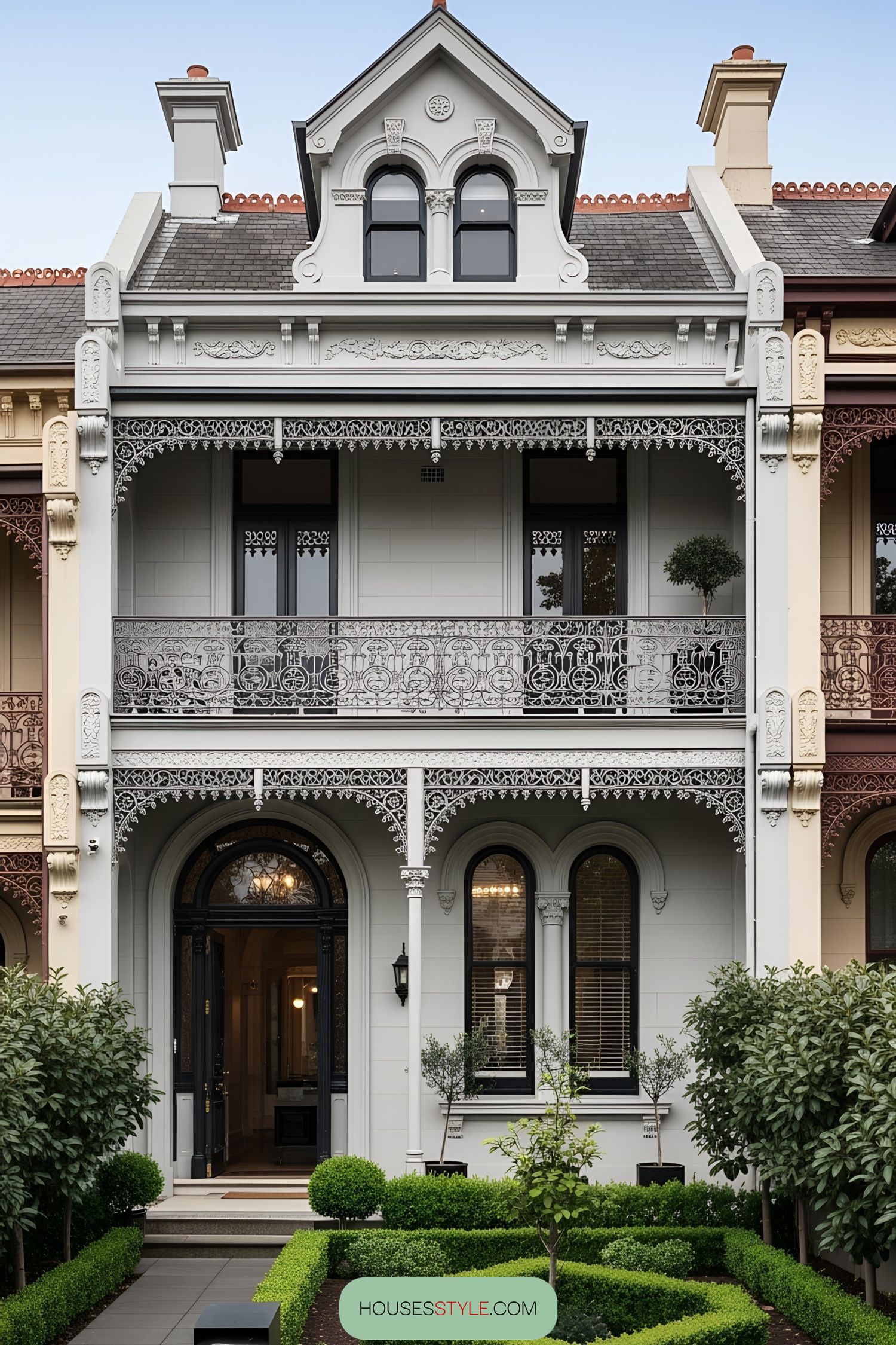 Charming Victorian house with intricate ironwork and lush garden