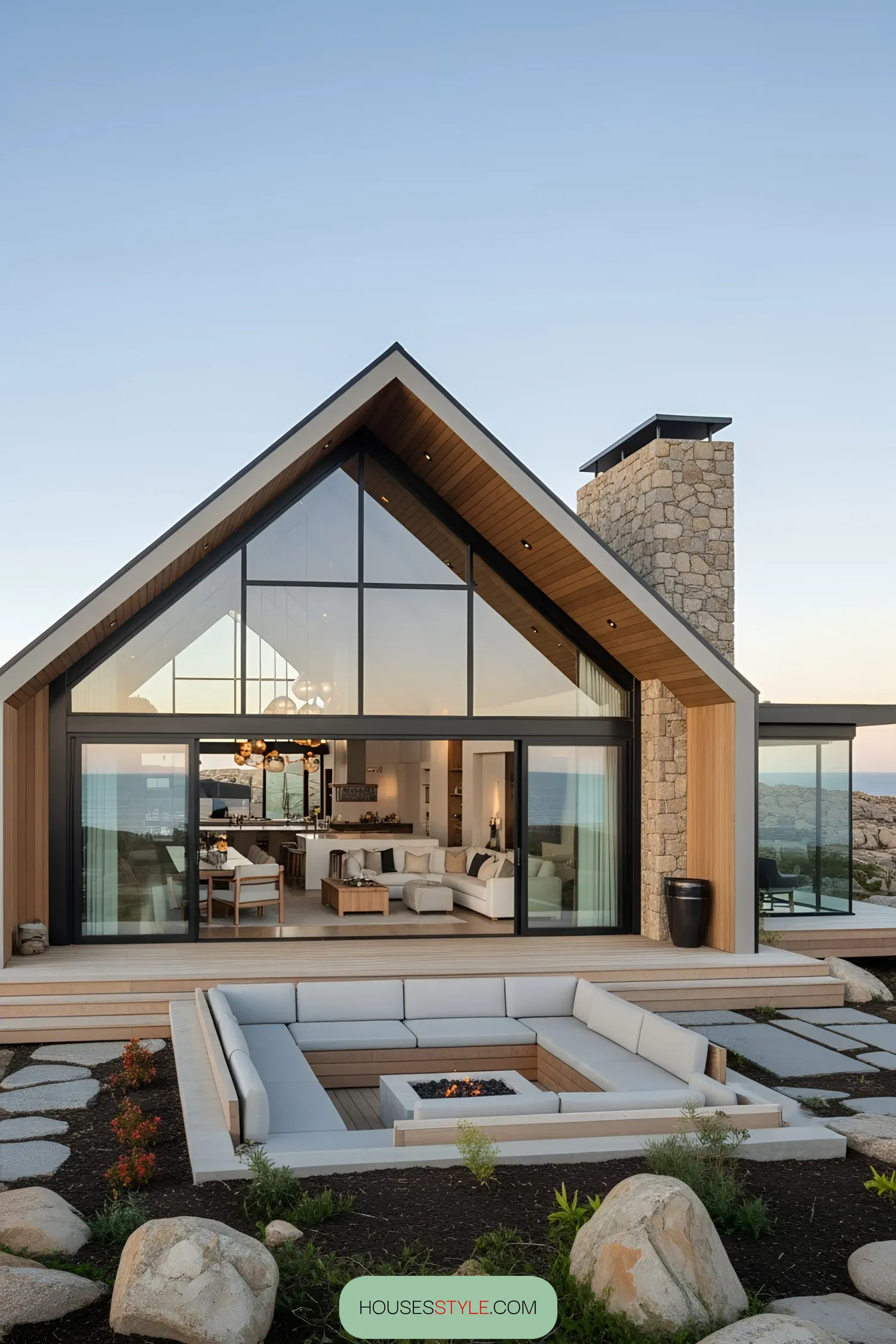 Contemporary chalet with large windows and outdoor seating
