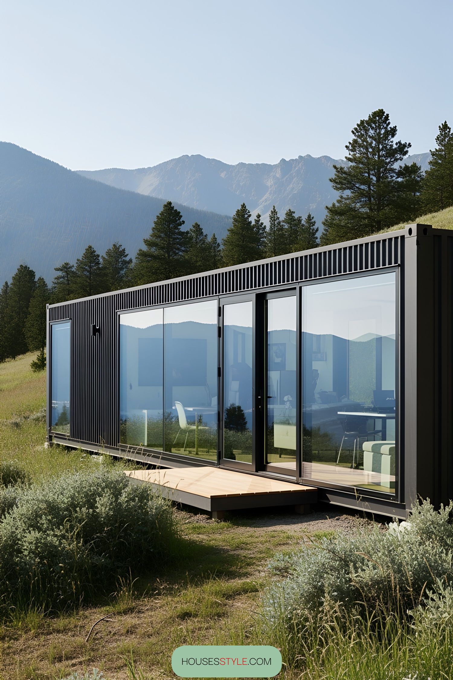 Sleek office container with large glass windows in a grassy landscape