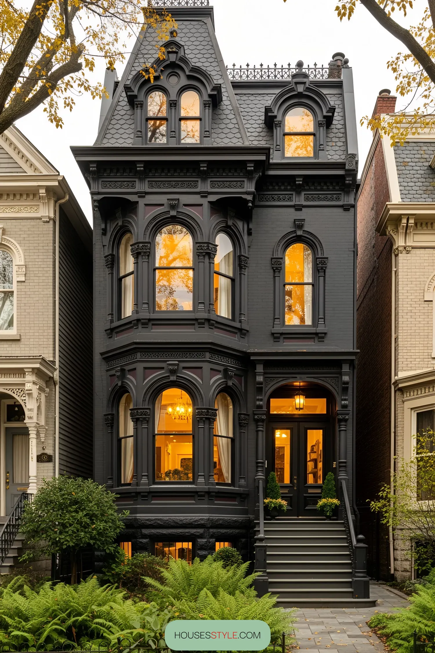 Black Victorian house with lit windows and intricate details