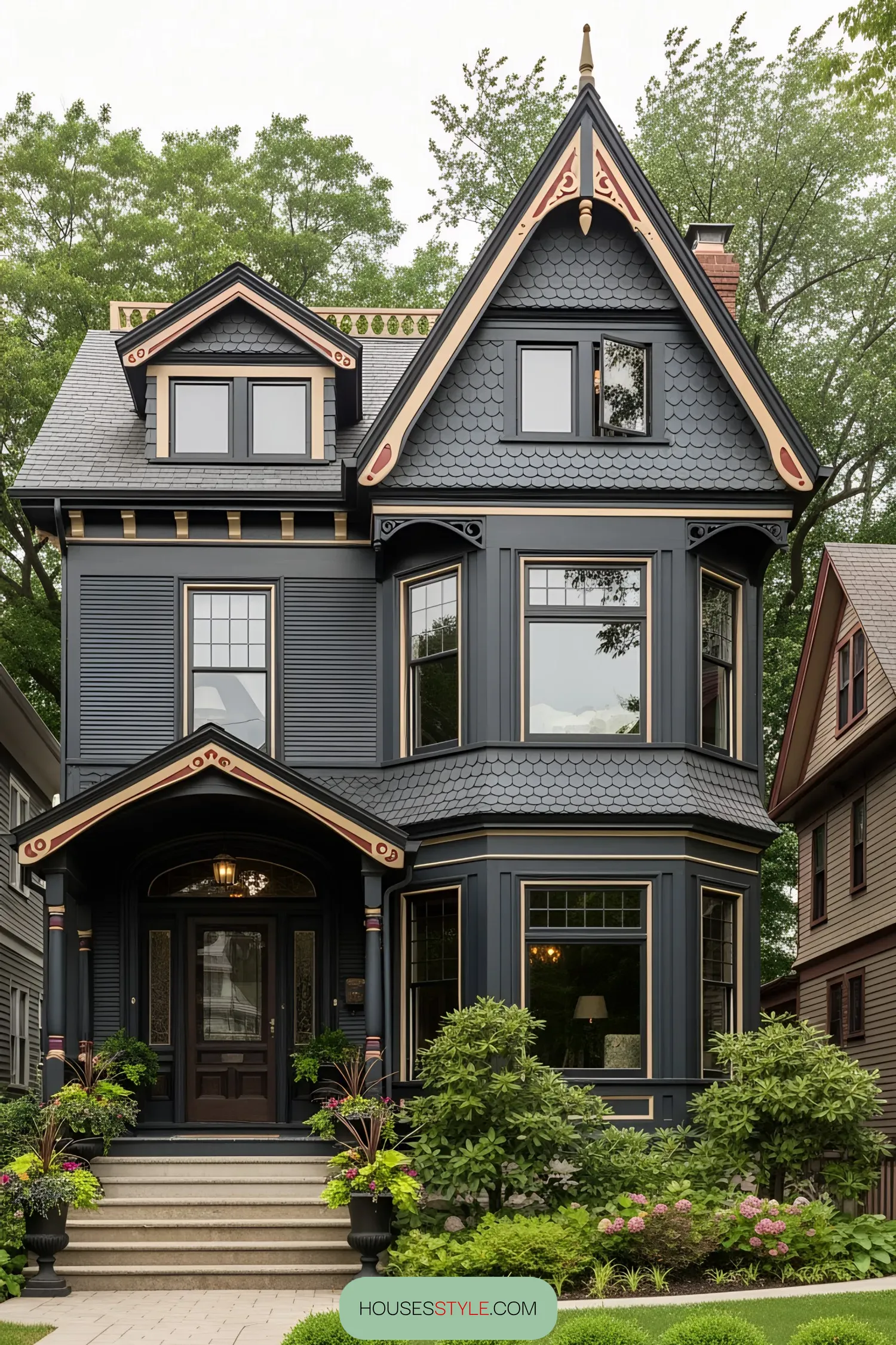 Elegant black Victorian house with detailed trim