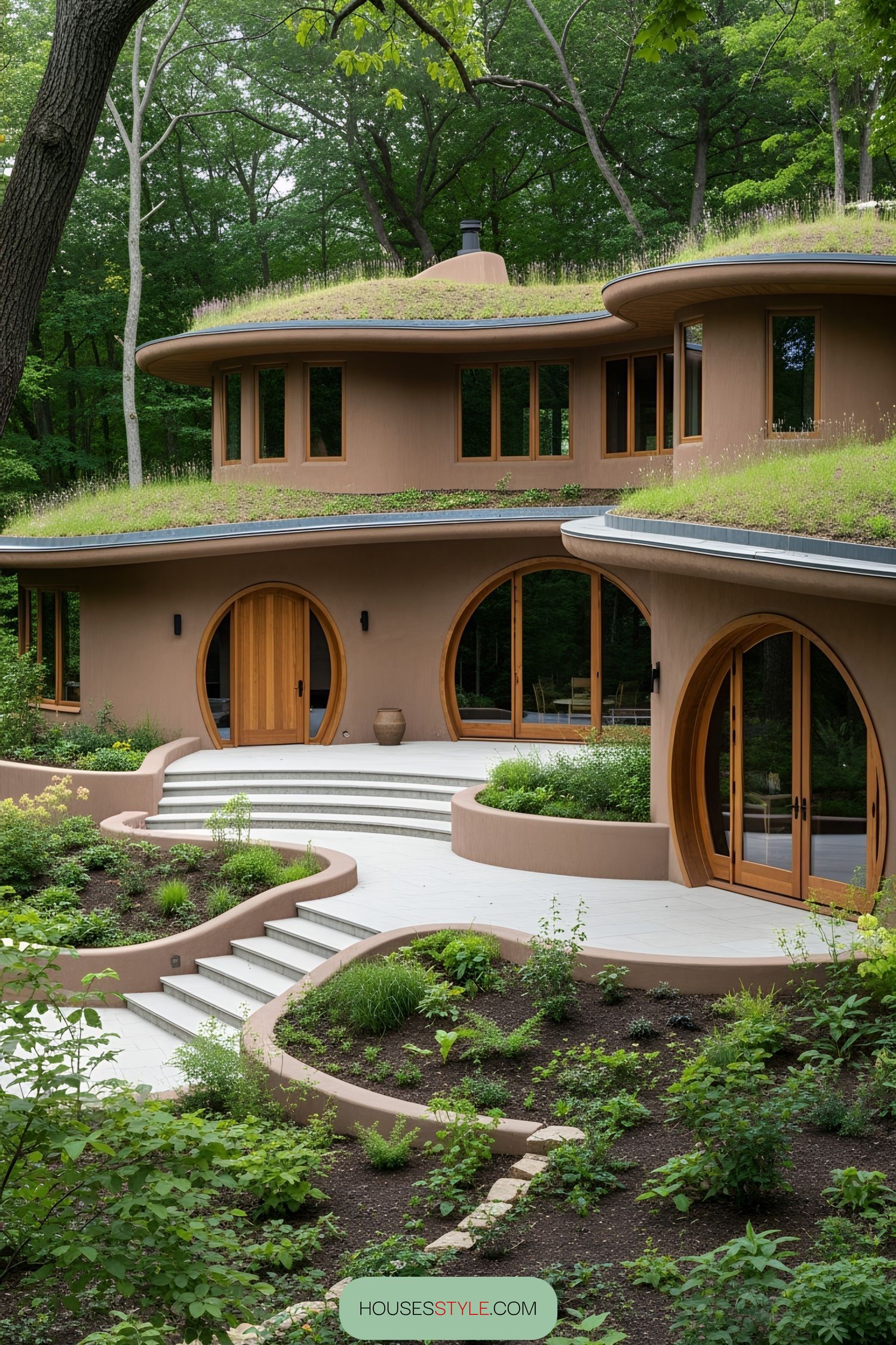 Earth-covered round house with arched windows and lush surroundings