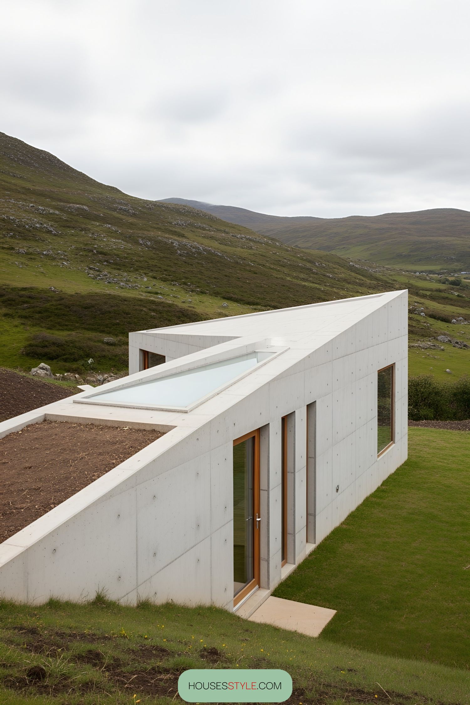 Angular concrete house nestled in green hills