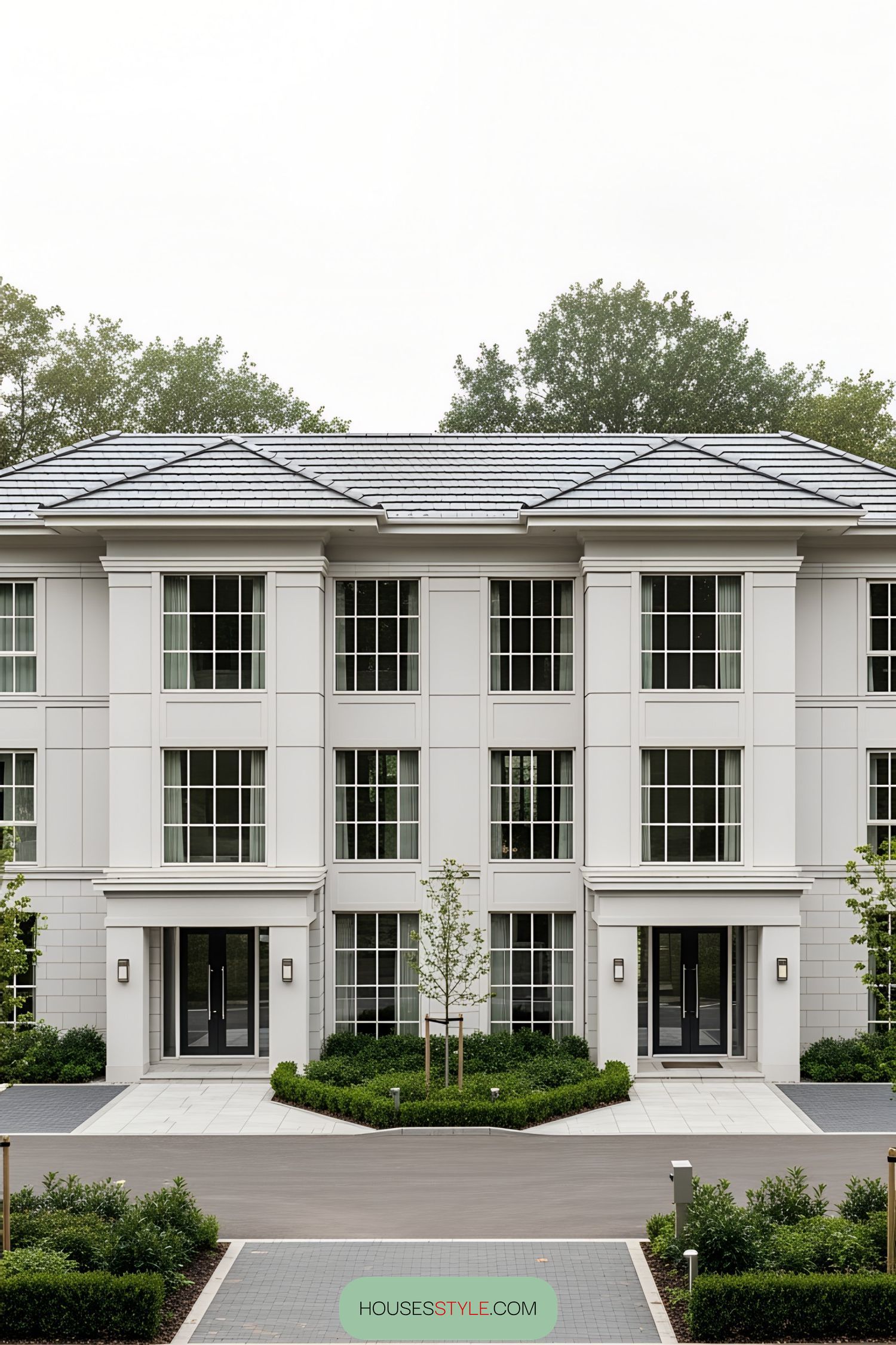 Elegant duplex with large windows and manicured garden