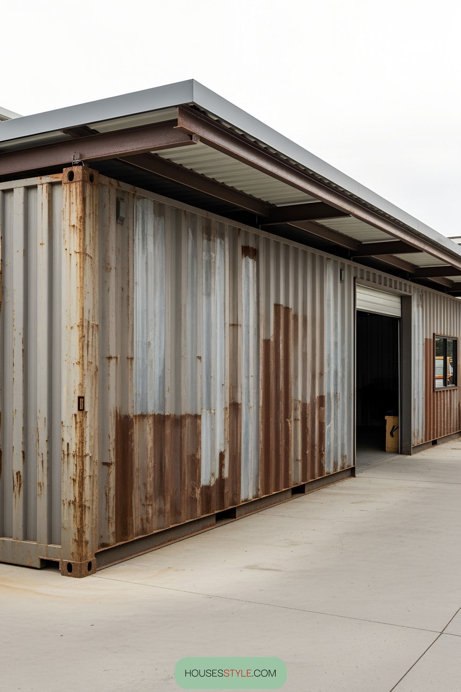 Rustic shipping container workshop with metal roof and open door
