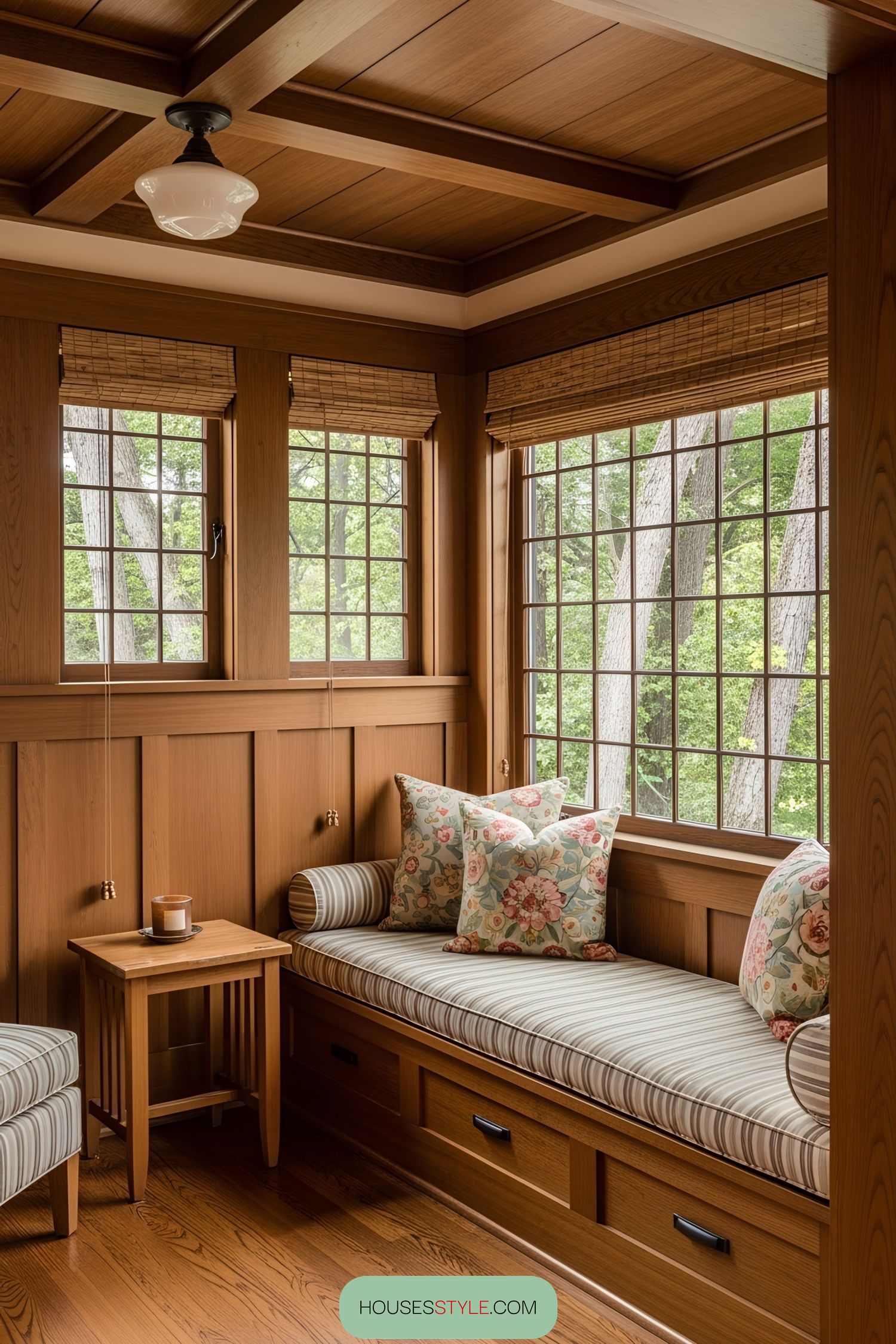 Inviting craftsman-style nook with wooden paneling and cozy bench seating
