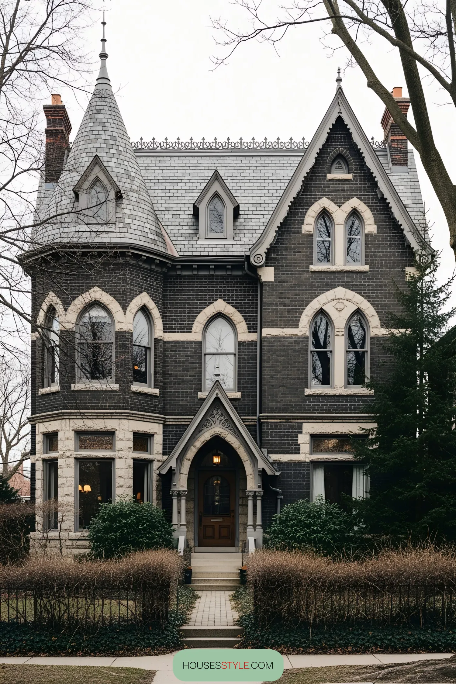 Victorian-style black house with ornate features