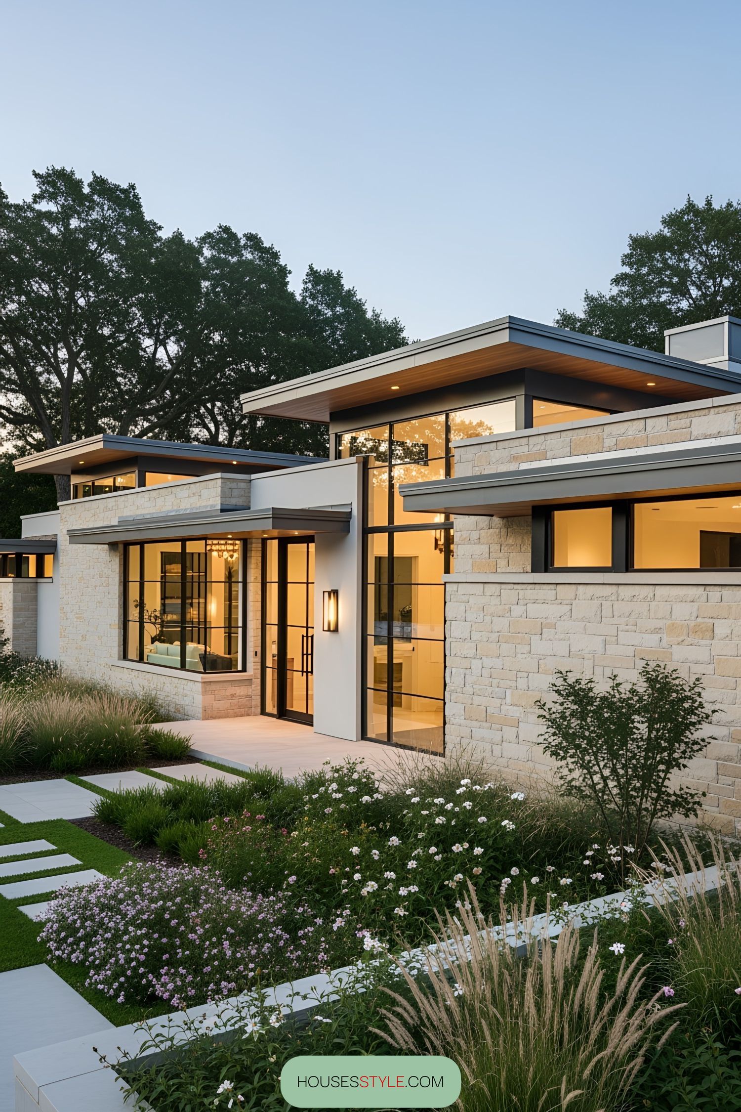 One-story luxury house with large windows and stone facade