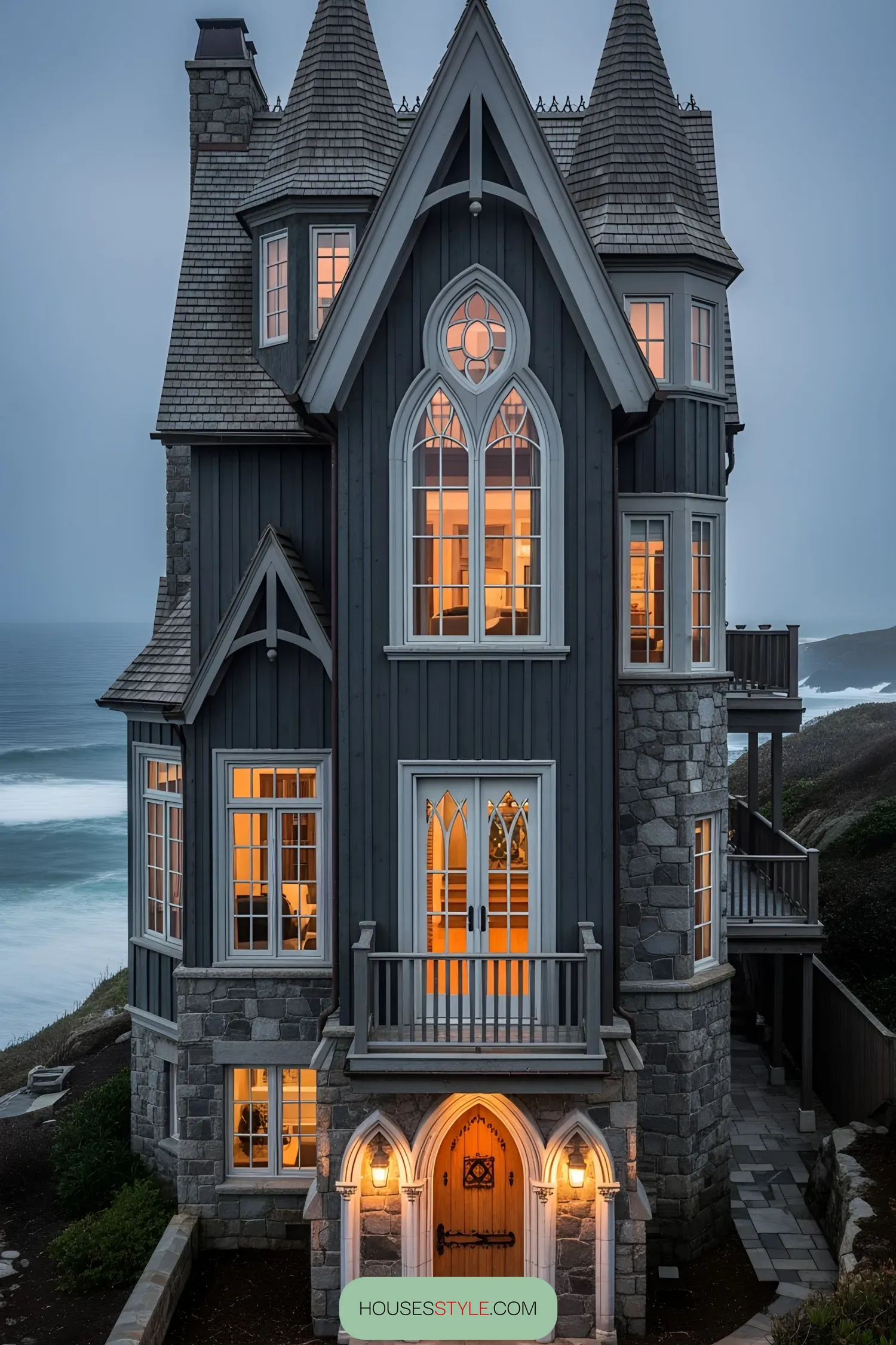 Gothic-style coastal house with pointed arches and turrets