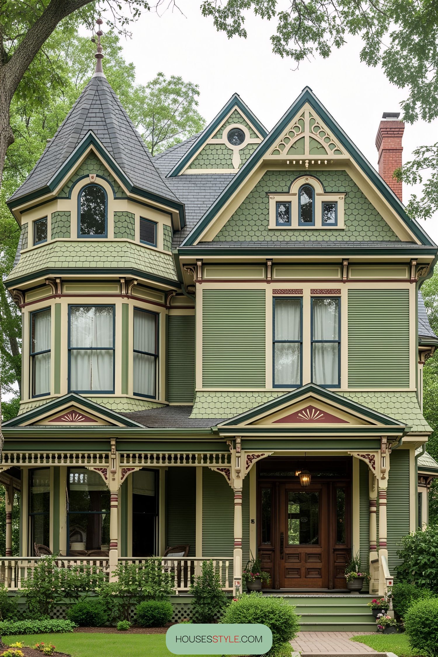 Green Victorian house with ornate detailing and tower