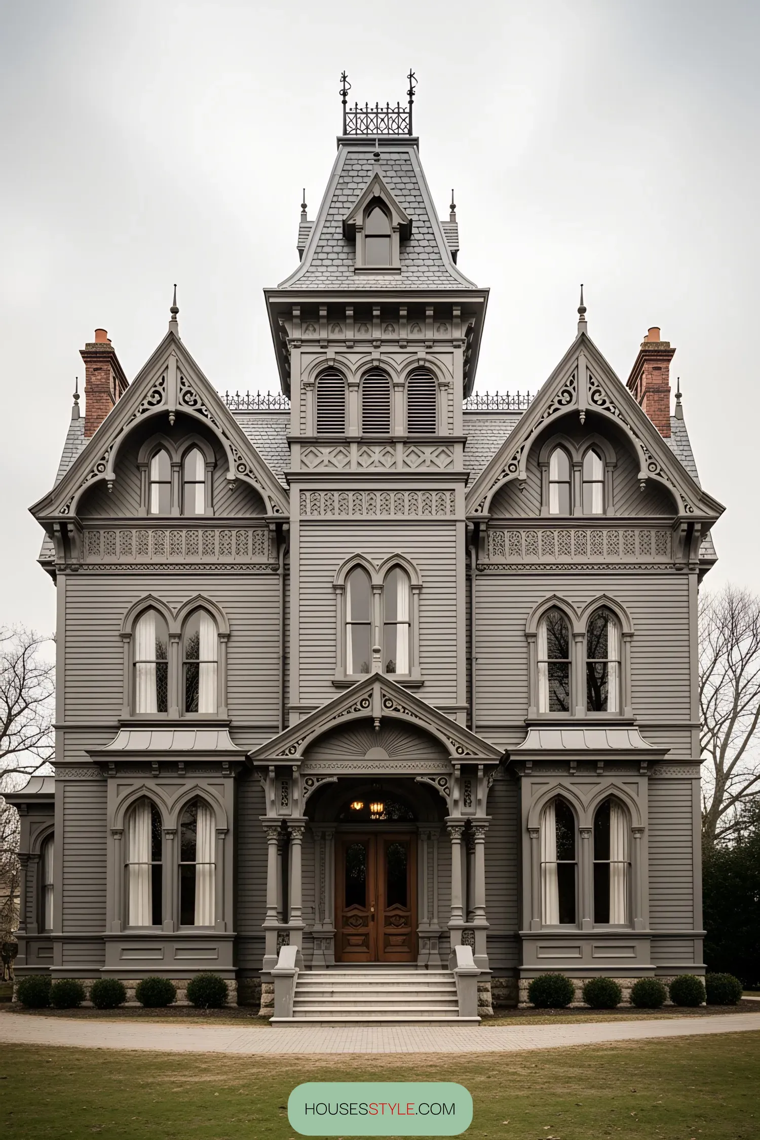 Ornate black Victorian house with intricate woodwork