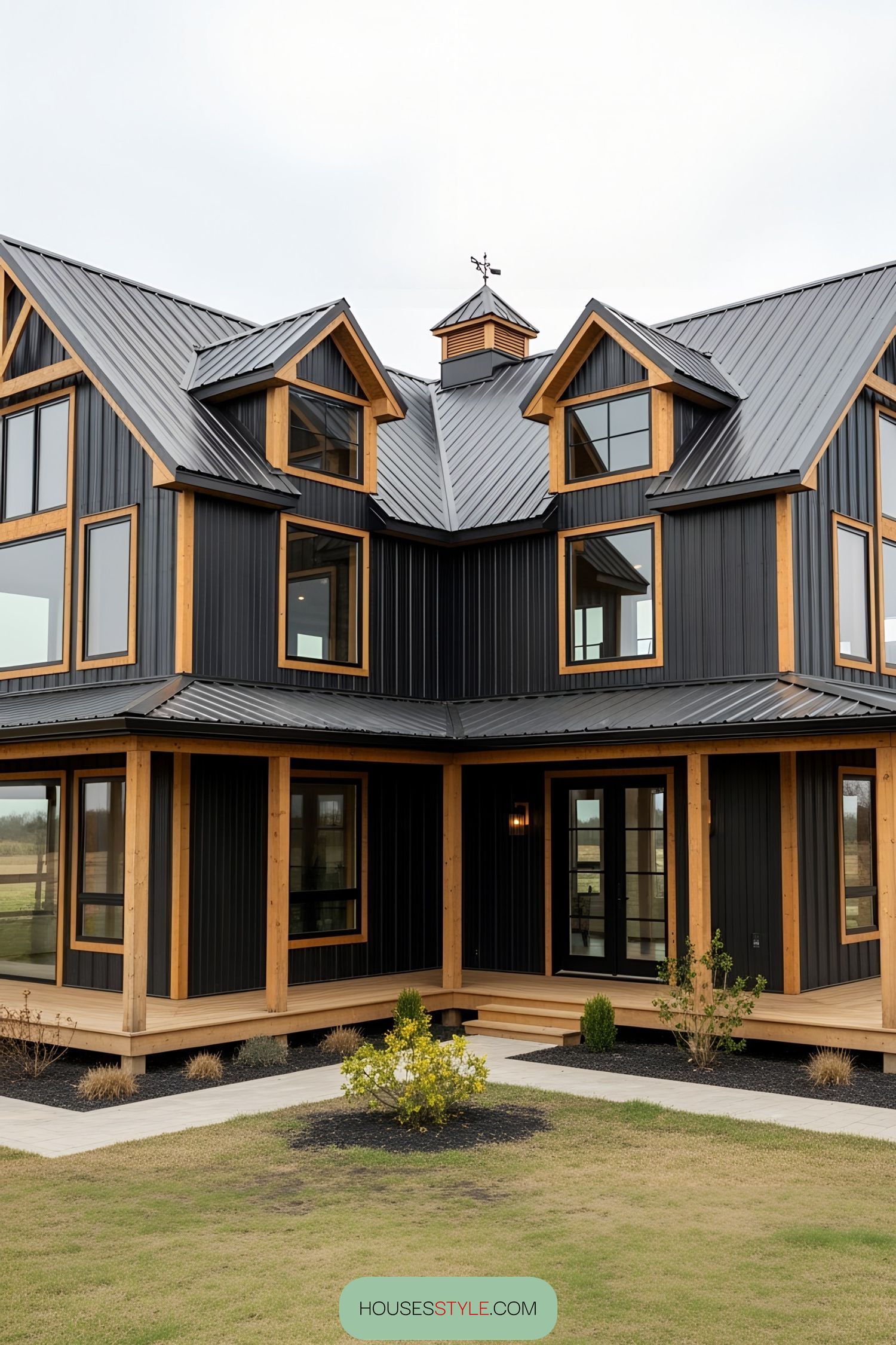Black barn house with large windows and wooden trim