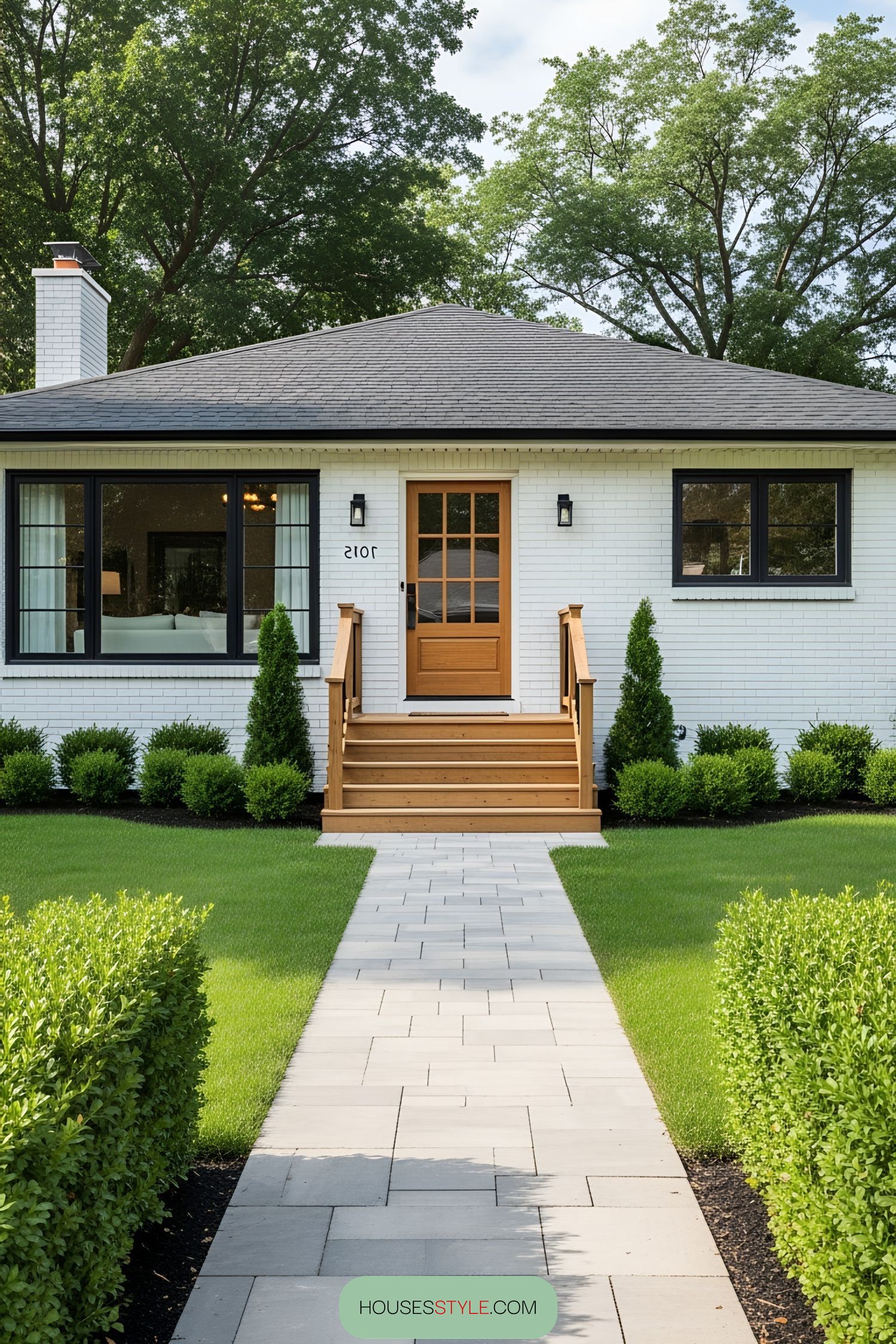 Charming bungalow with white brick exterior and wooden accents