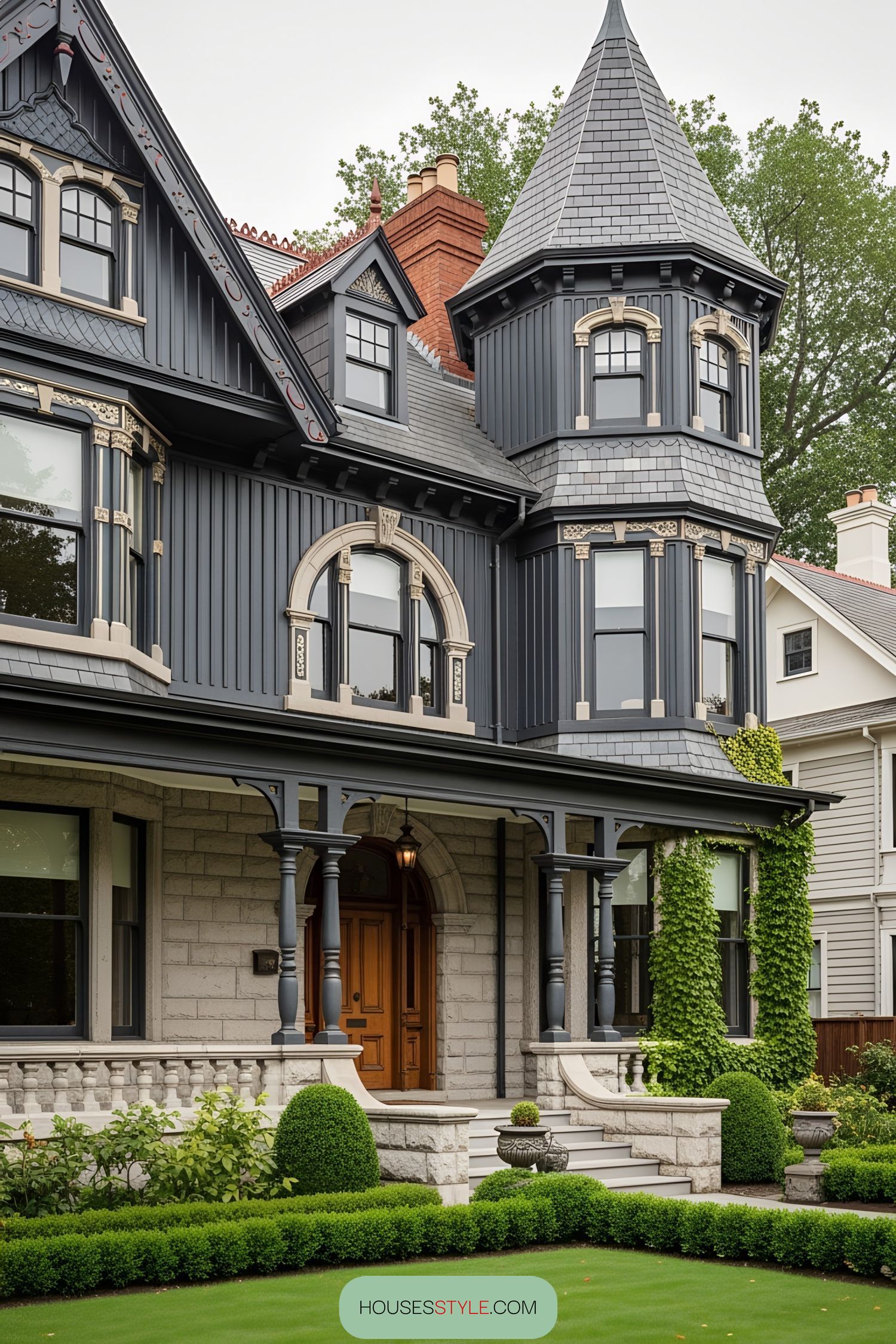 Victorian villa with a turret, detailed woodwork, and lush greenery