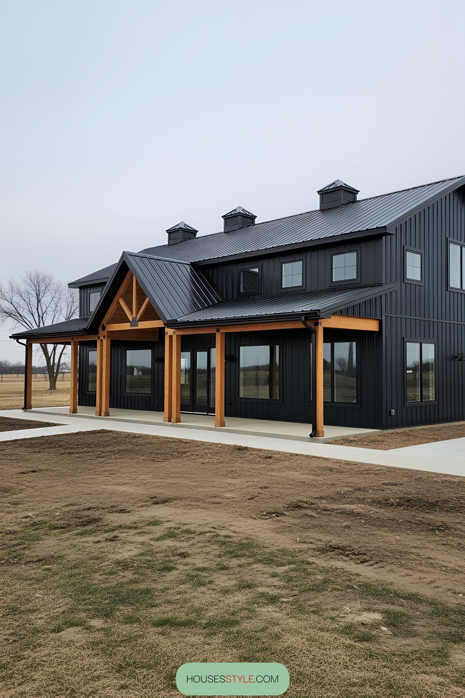 Contemporary black pole barn house with wooden accents