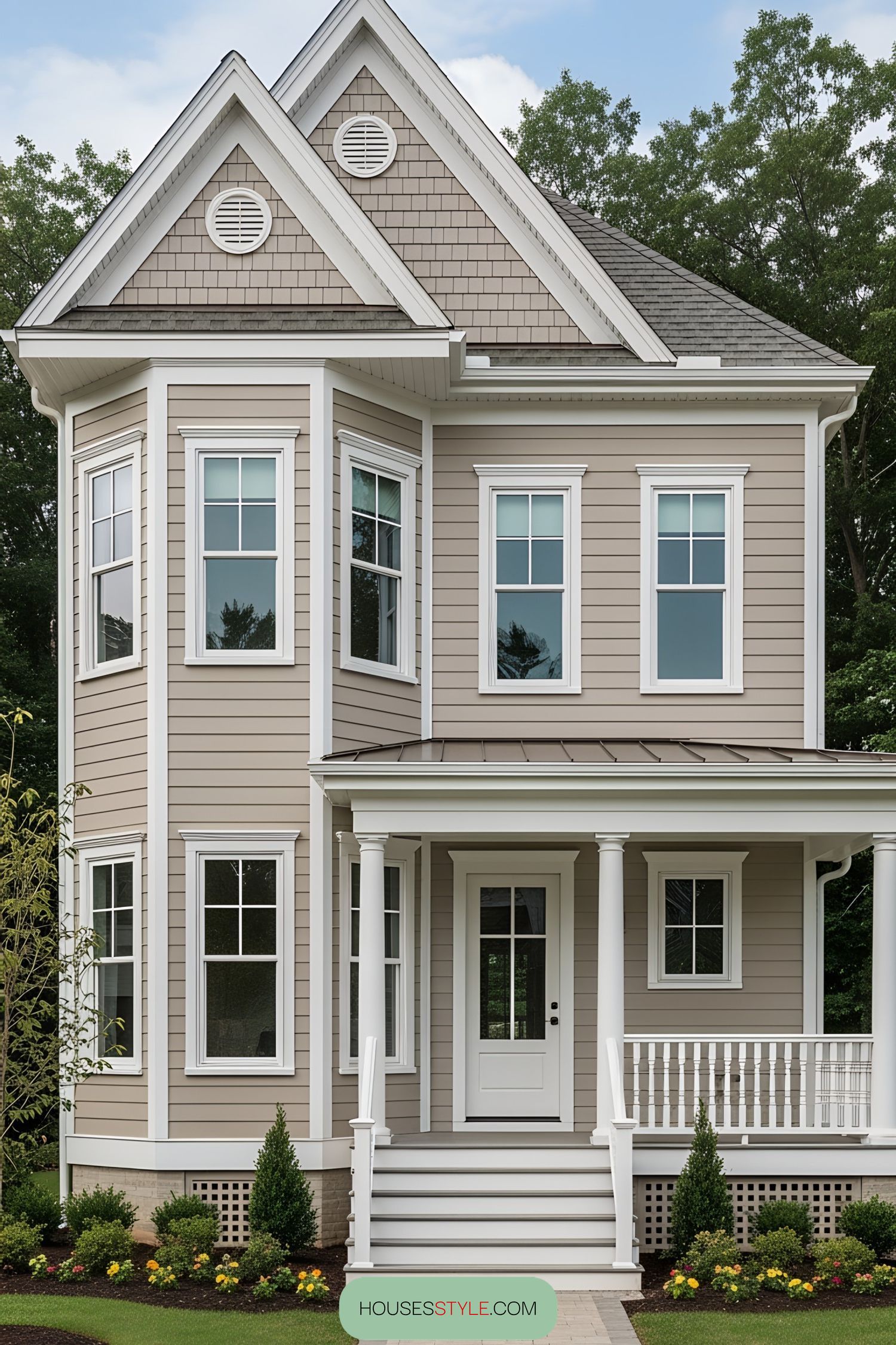 Small Victorian house with beige siding and white trim