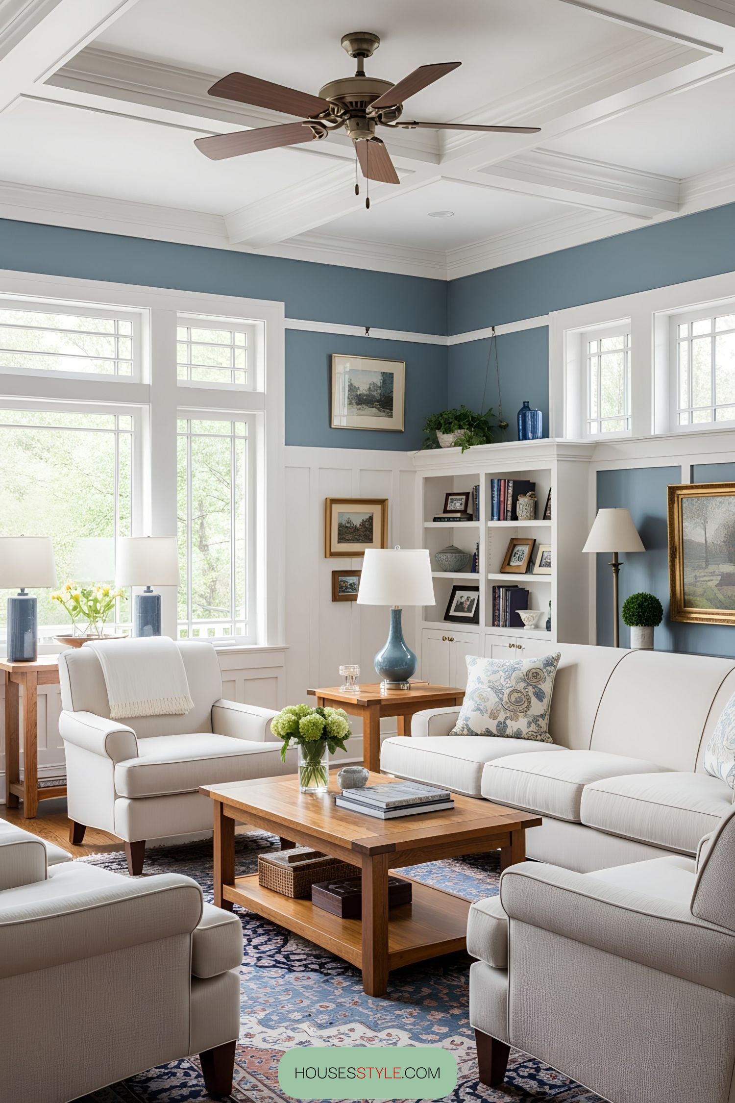 Cozy craftsman style living room with wooden accents and blue walls