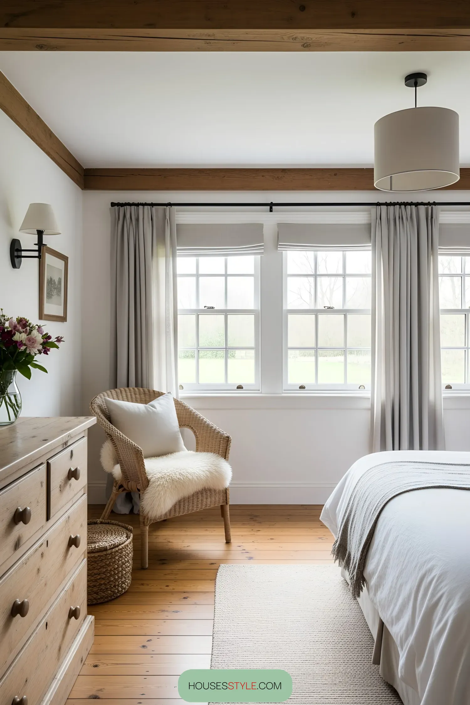 Bright and airy cottage interior with wicker chair and bed