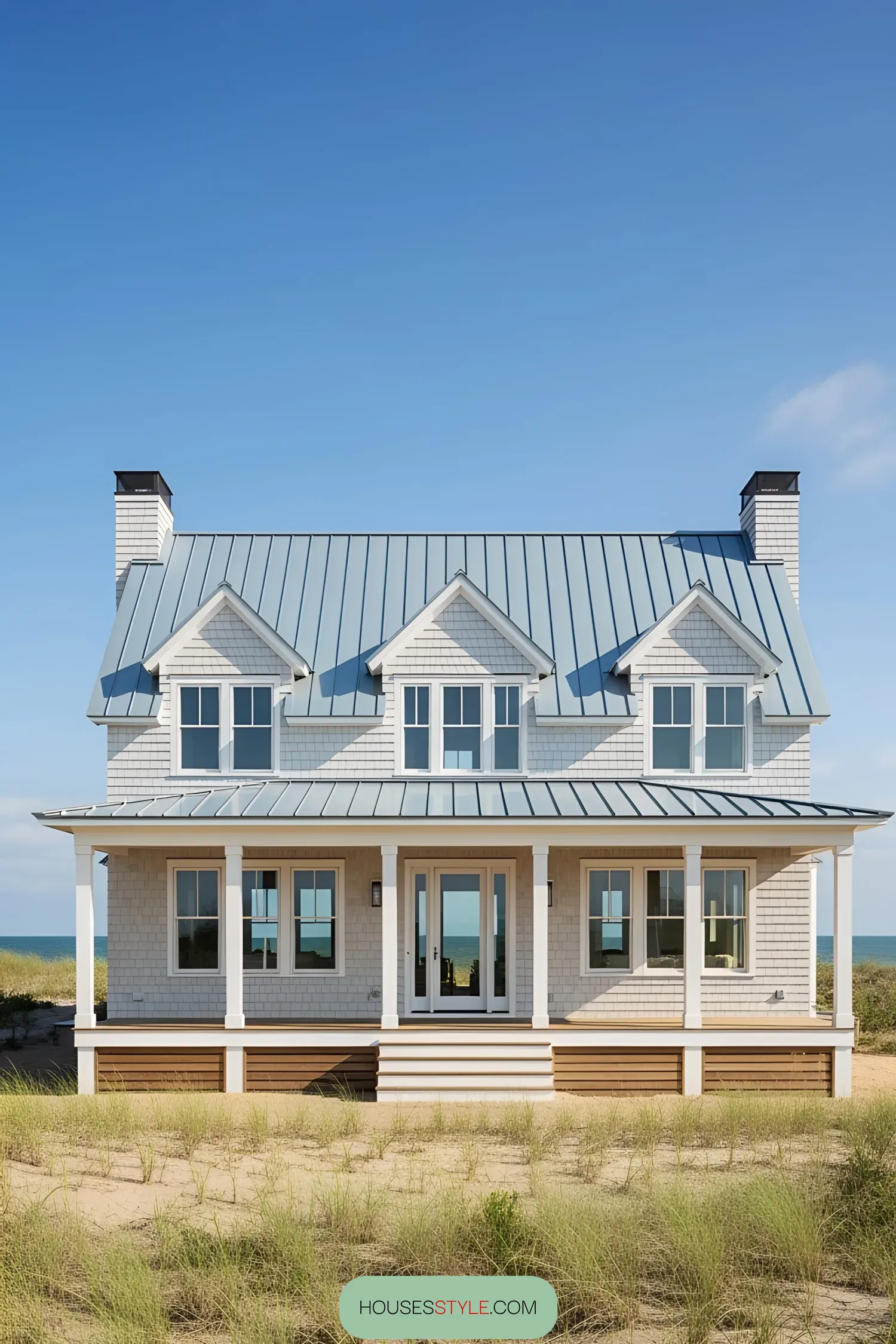 Coastal house with blue metal roof and white columns