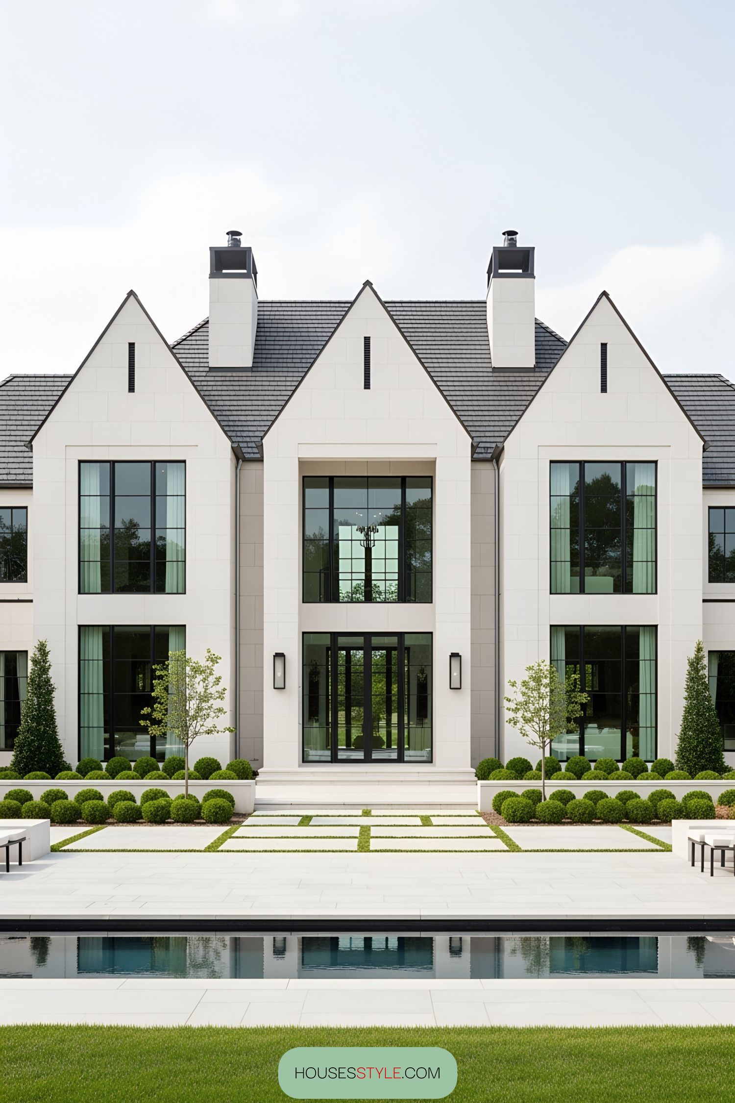 Modern white house with lush greenery