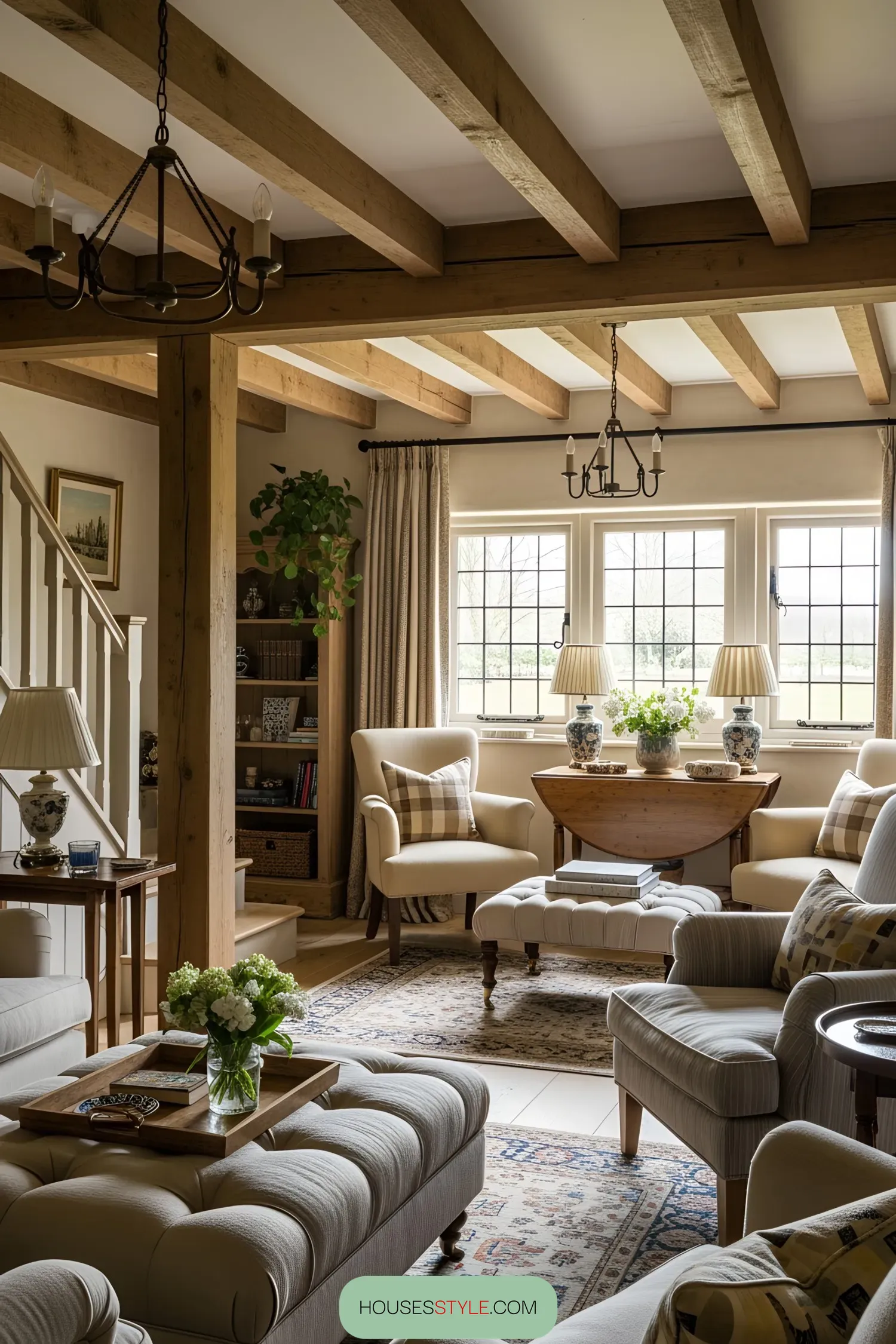 Sunlit cottage living room with wooden beams and cozy seating