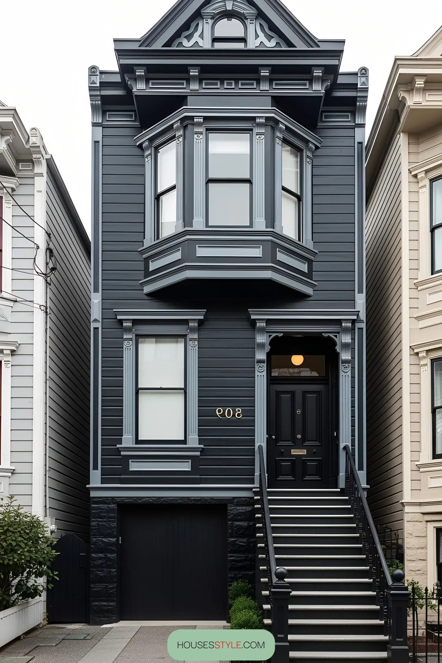 Victorian house with black facade and ornate details