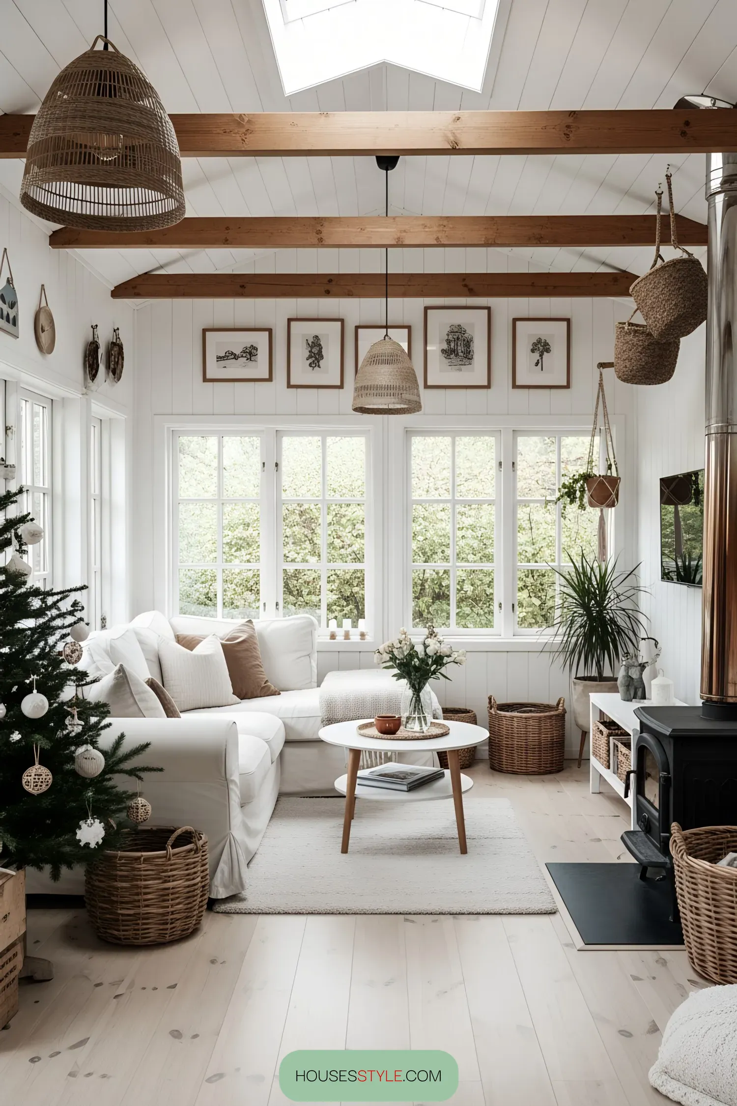 Bright, cozy living room with wooden beams and wicker accents