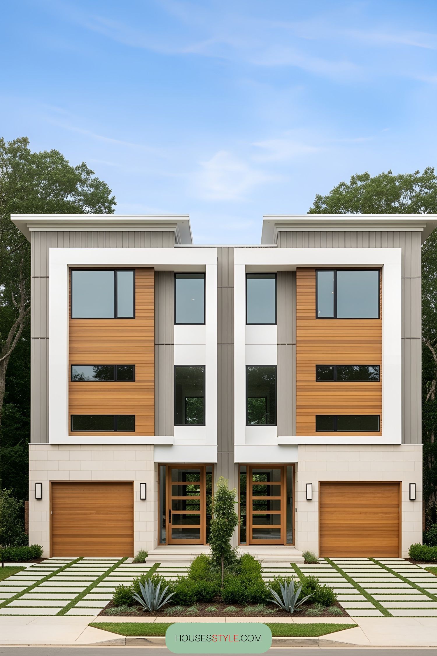 Modern duplex home with a sleek wooden and gray facade