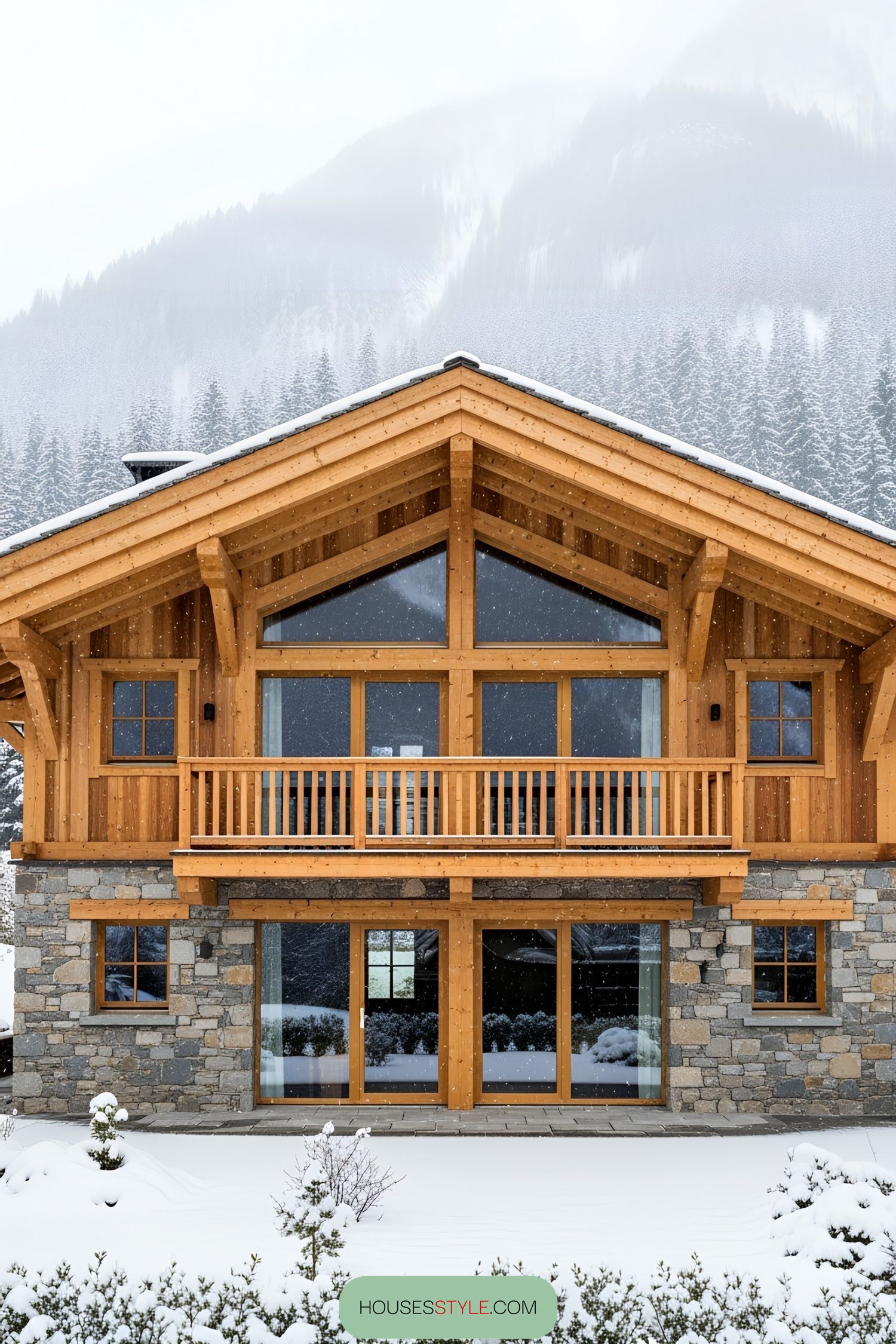 Chalet with timber and stone design set against a snowy backdrop