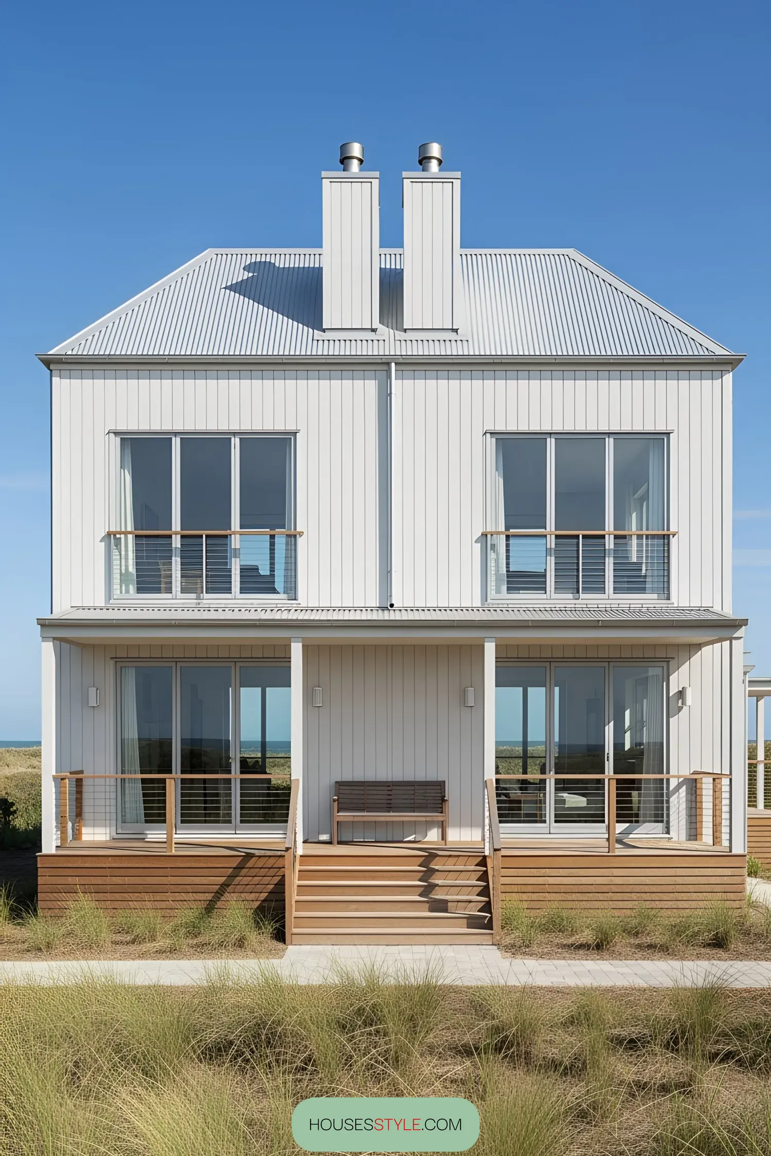 Modern coastal home with white cladding and expansive windows