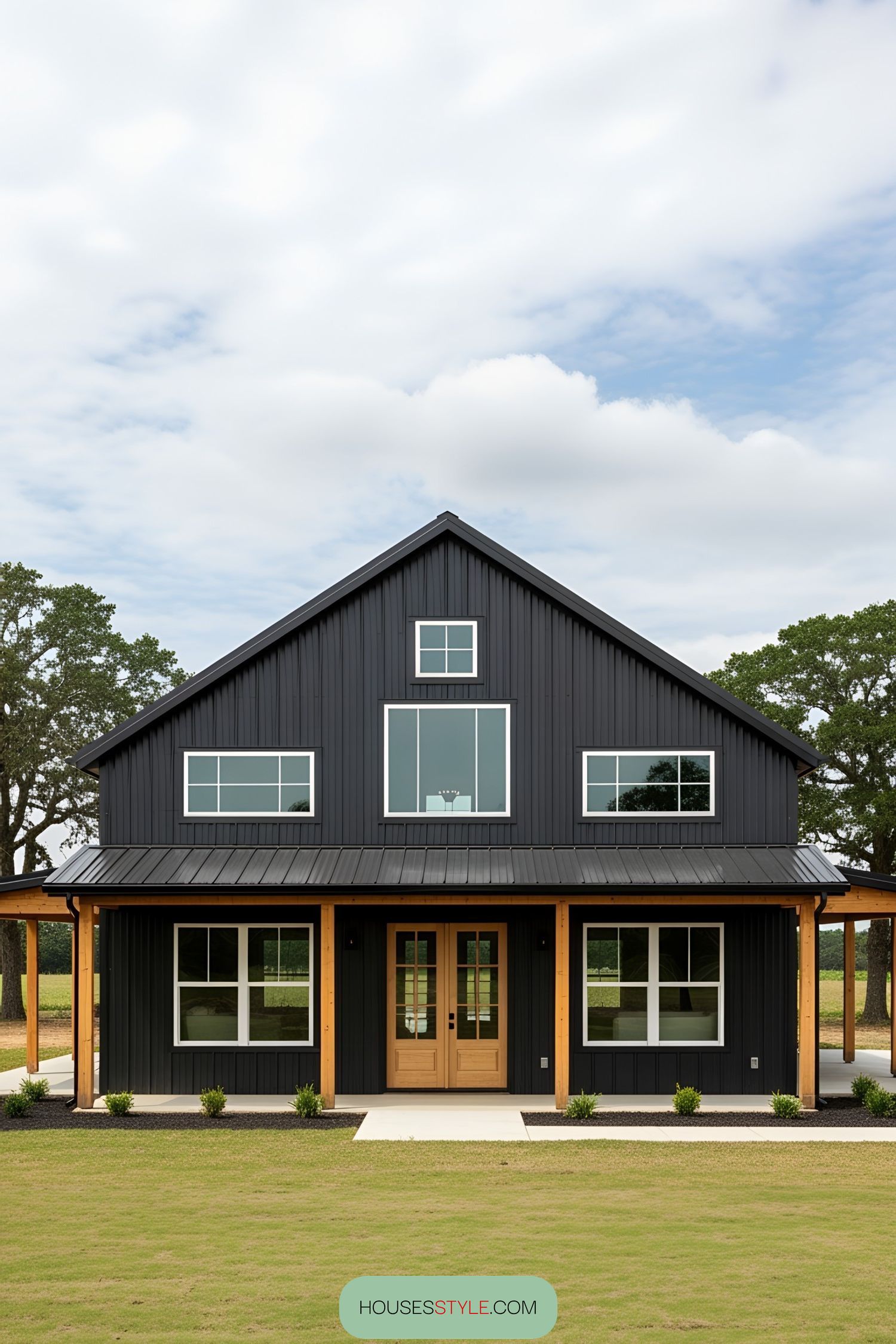 A modern black pole barn house with wooden accents