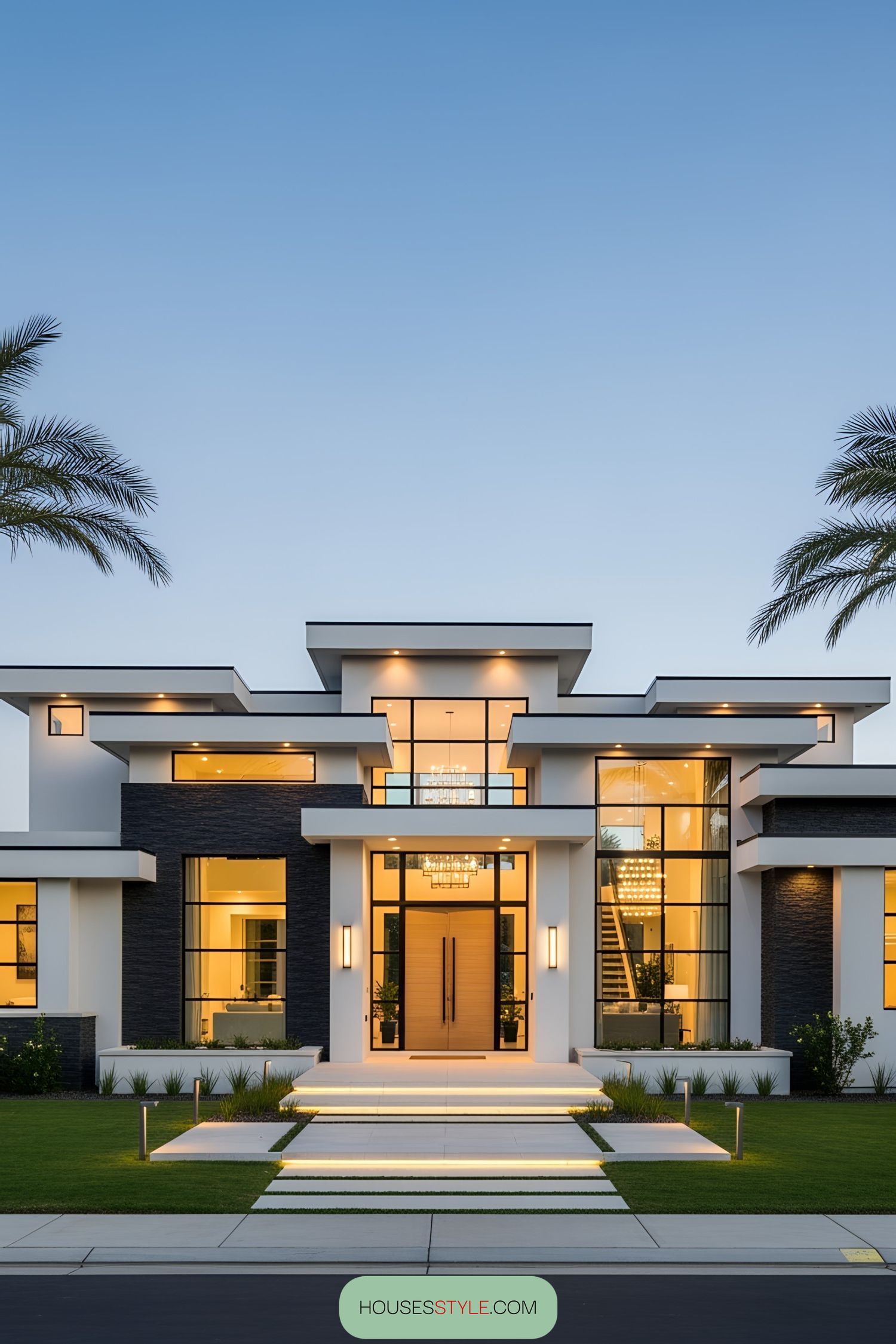 Sleek one-story home with large windows and palm trees