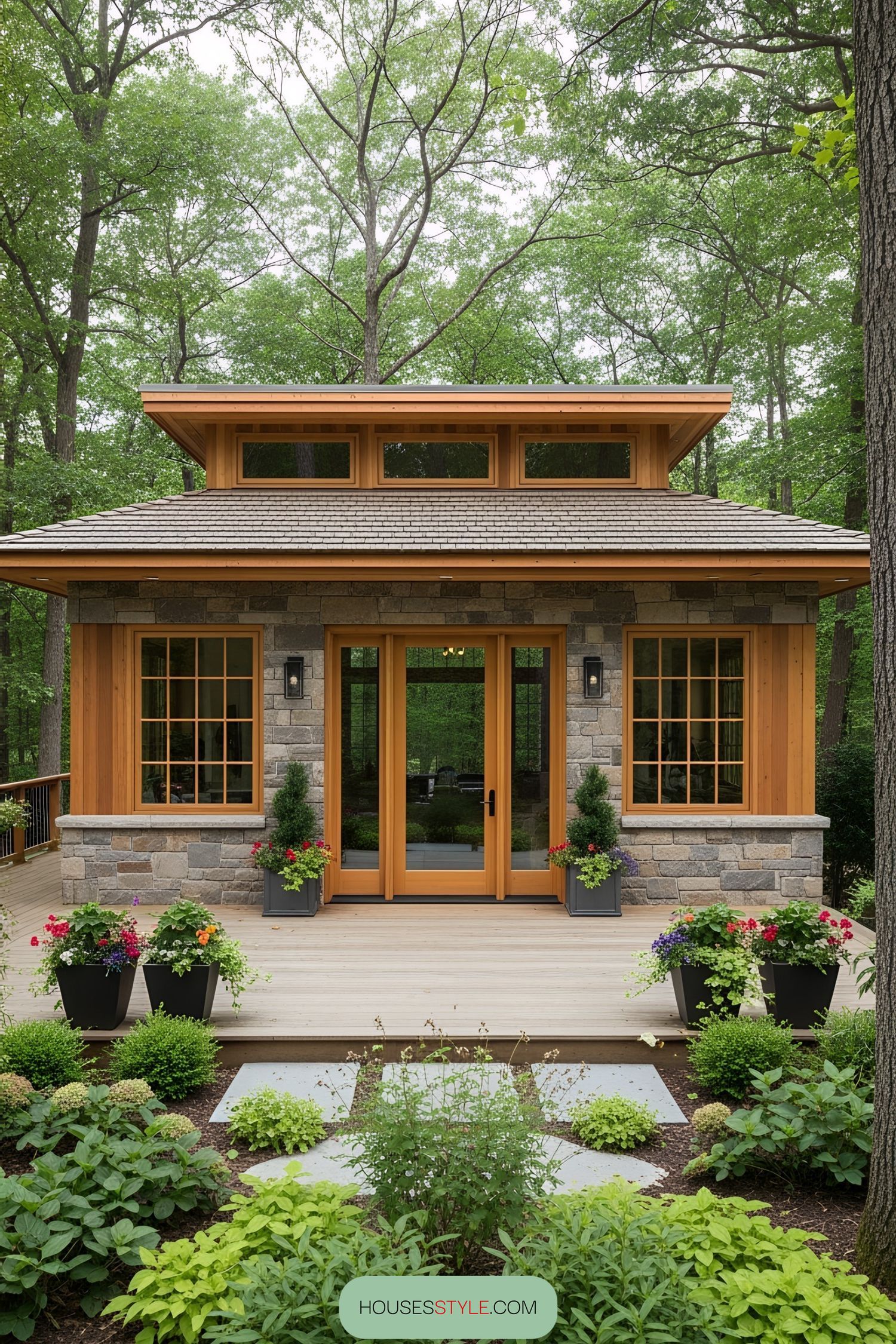 Compact cabin with wooden and stone accents